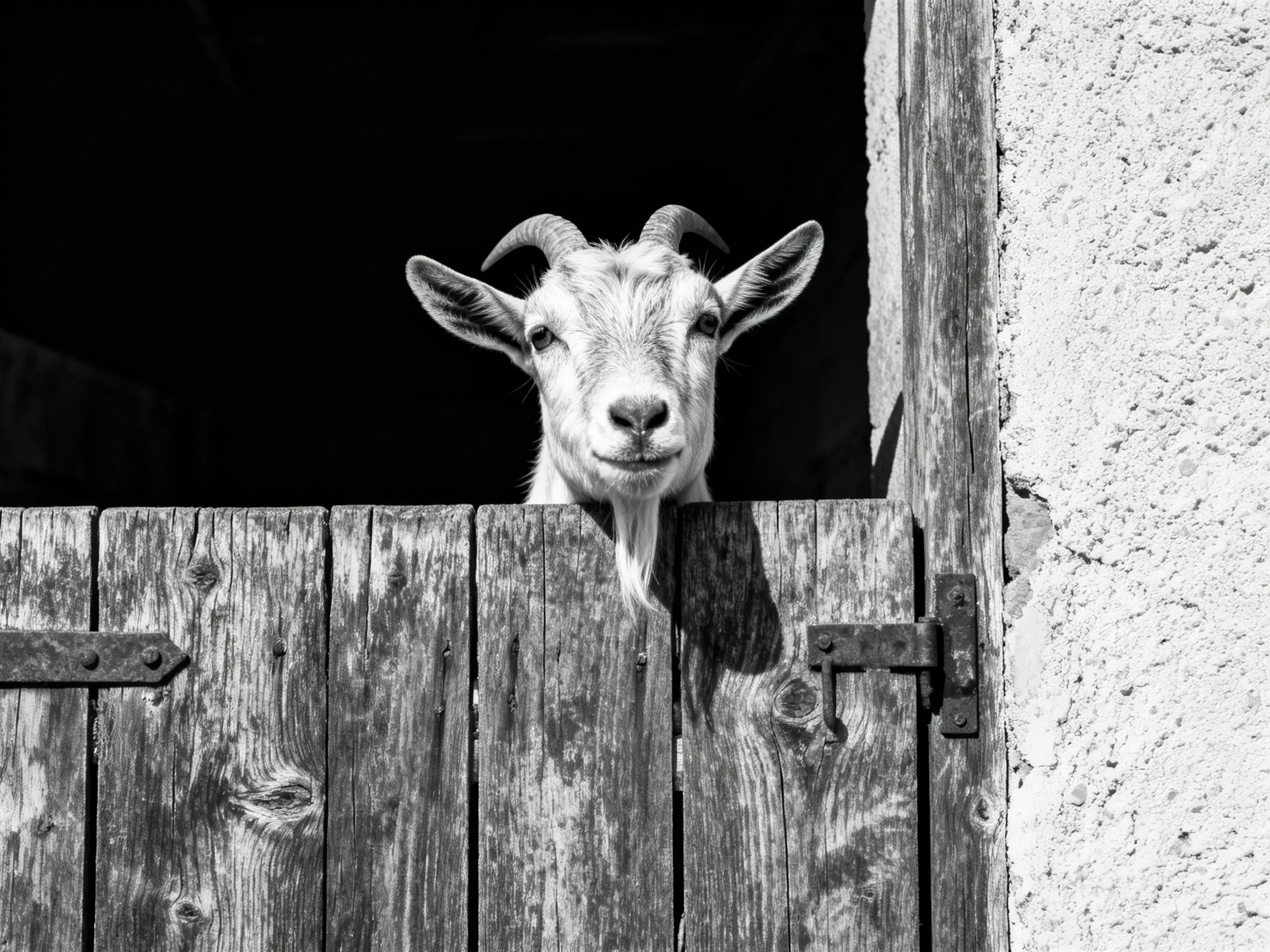 A goat peeks from a weathered wooden barn doorway