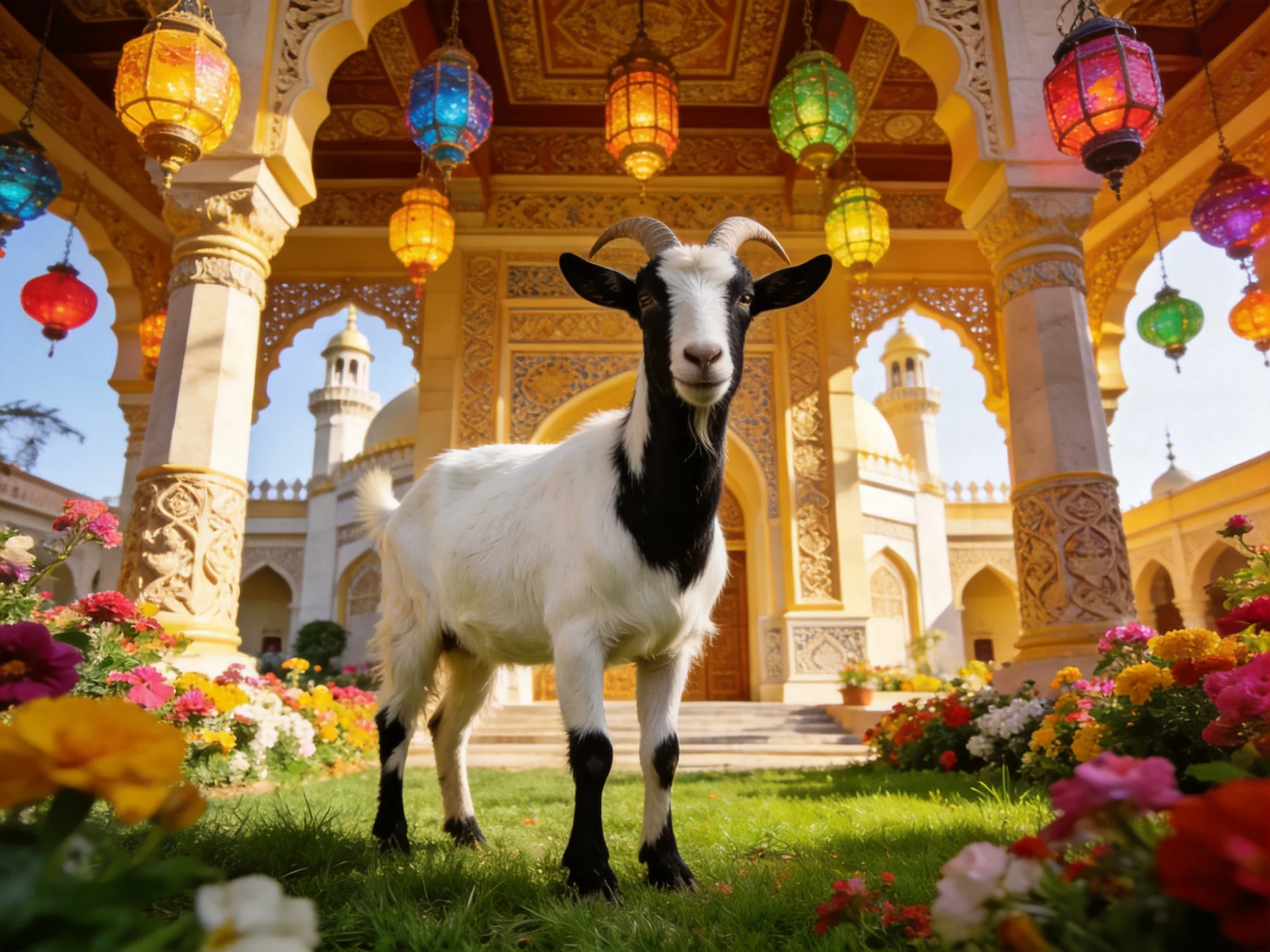 A goat stands amid colorful lanterns and vibrant flowers in ornate architecture