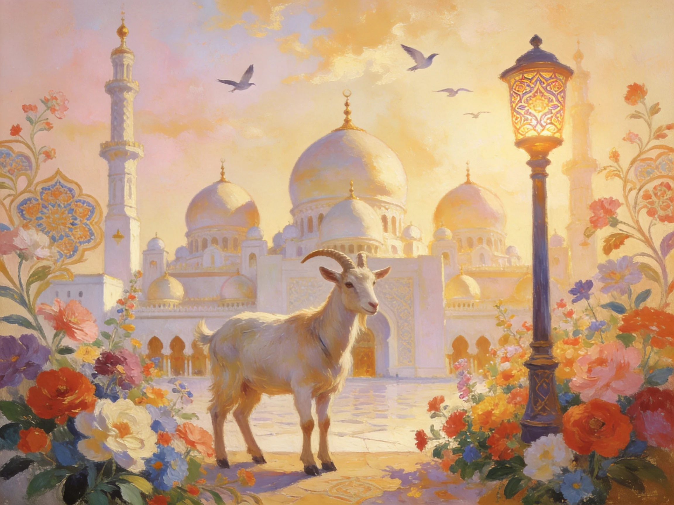 A goat stands among colorful flowers near grand mosque architecture