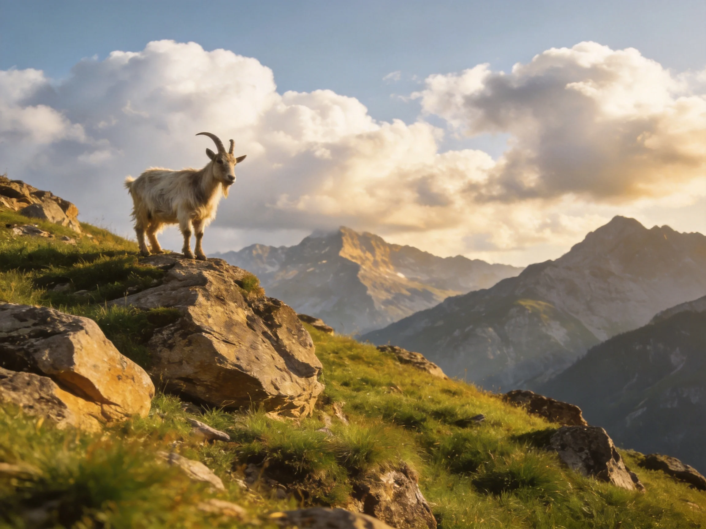 A goat stands atop a rocky hillside with mountainous backdrop