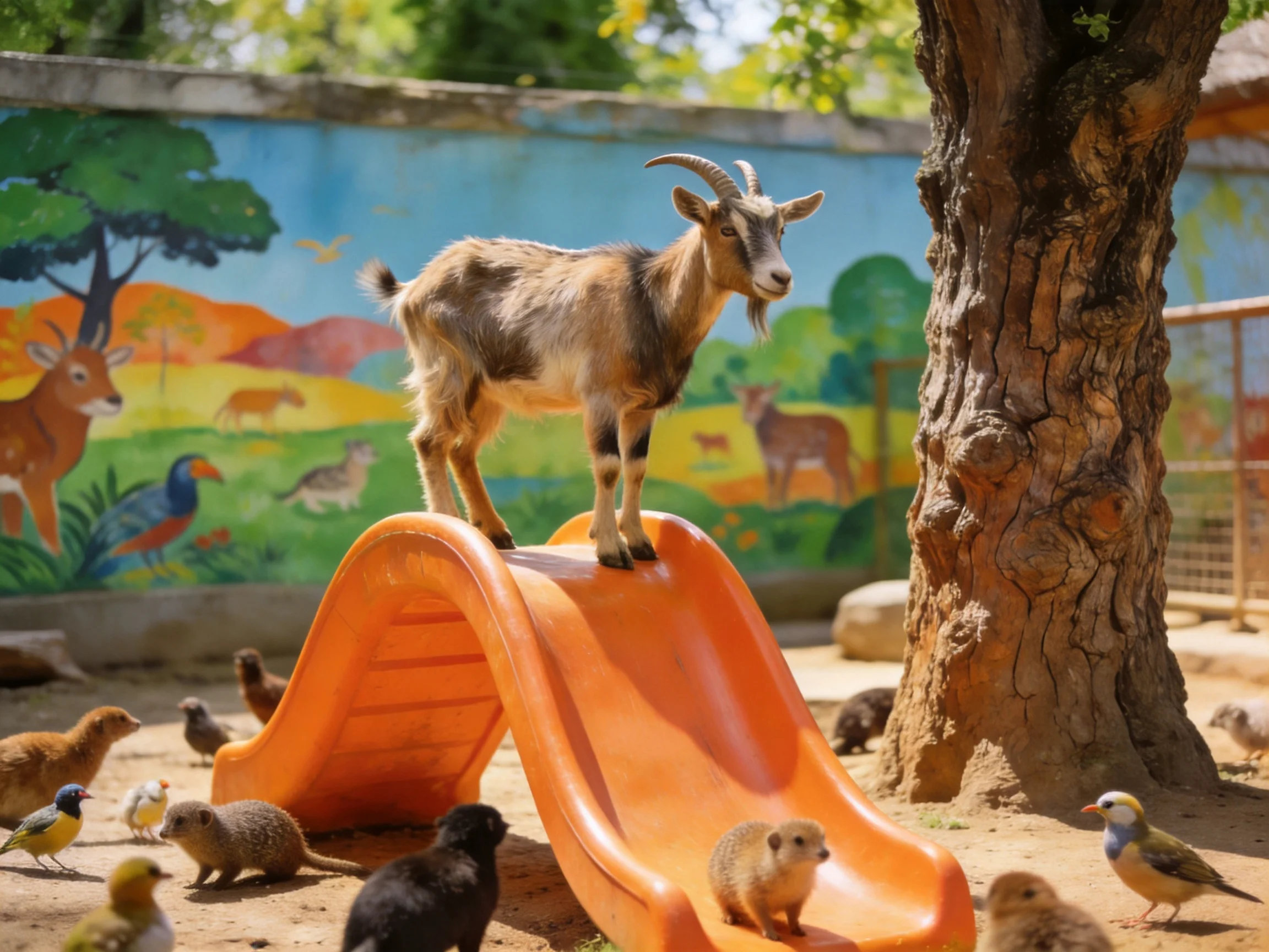 A goat stands atop an orange slide amid various small animals and a colorful mural