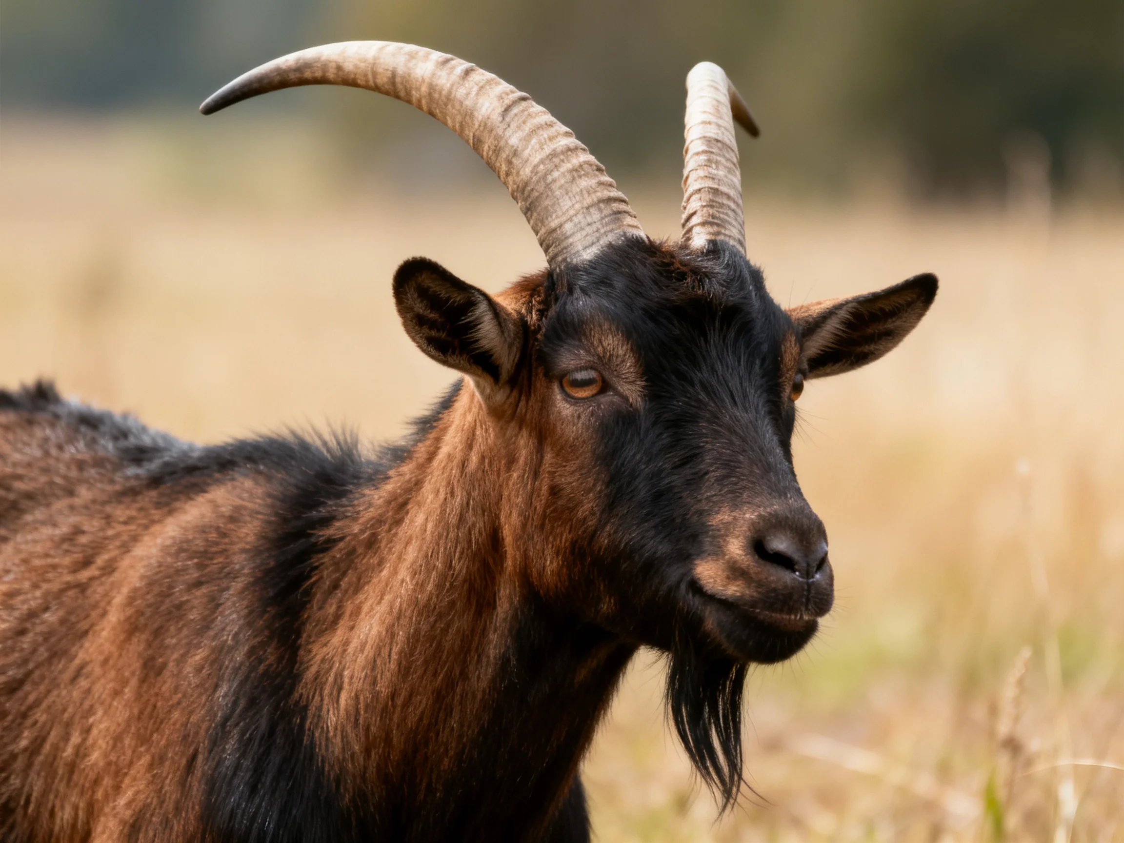 A goat with curved horns and brown-black fur in an open field