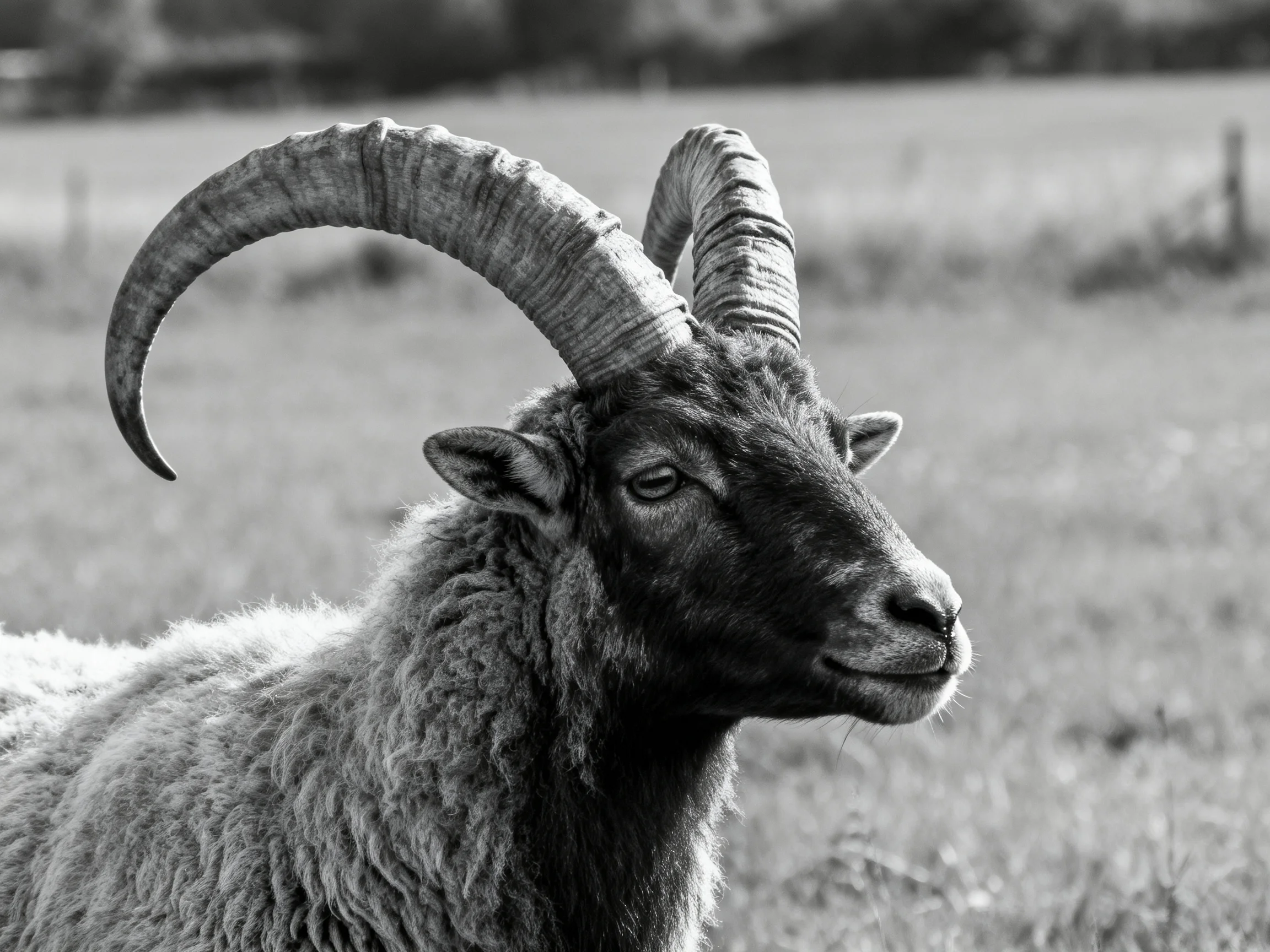 A goat with large curved horns in a monochrome field