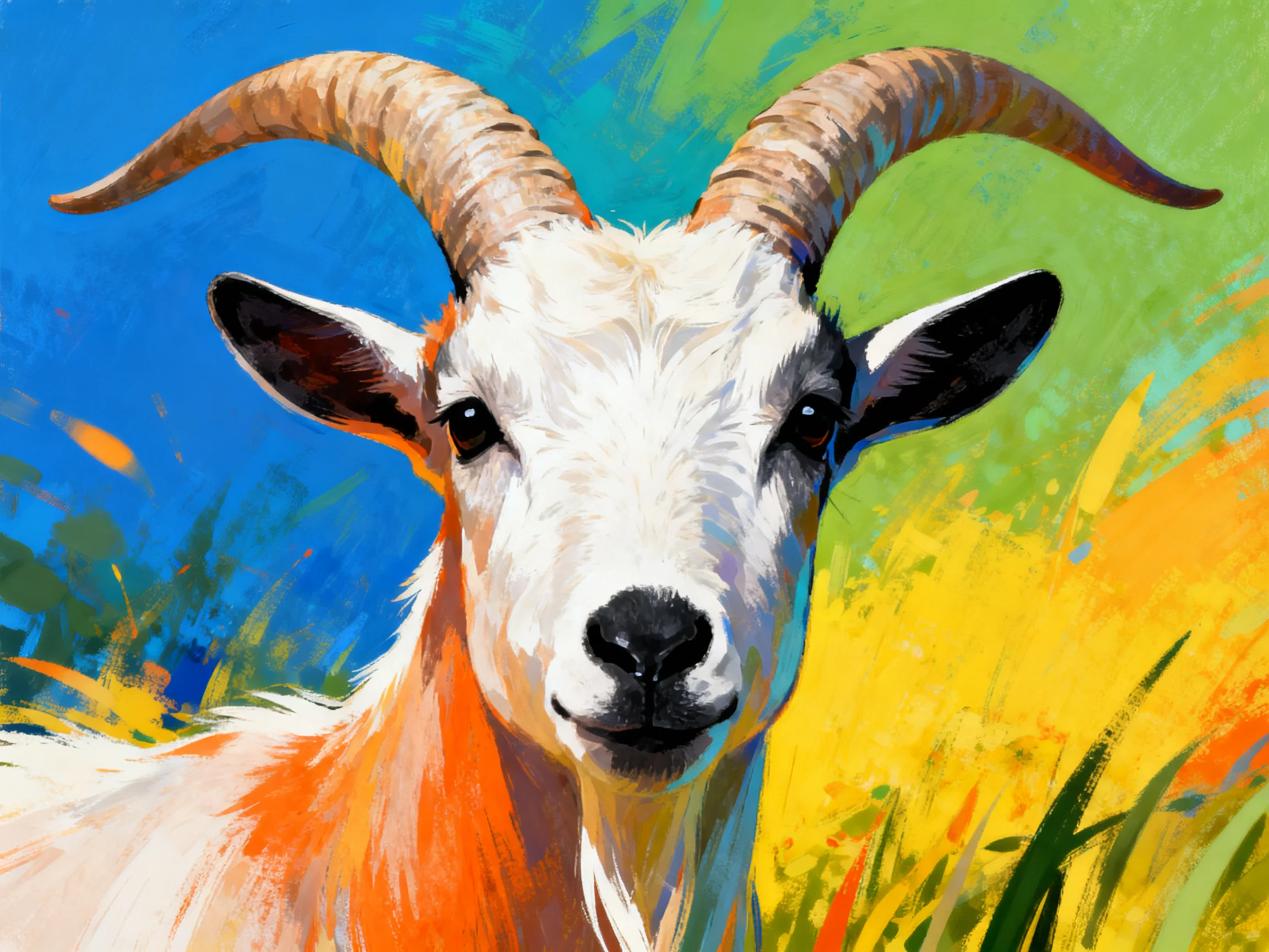 A goat with large curved horns in a vibrant multicolor landscape
