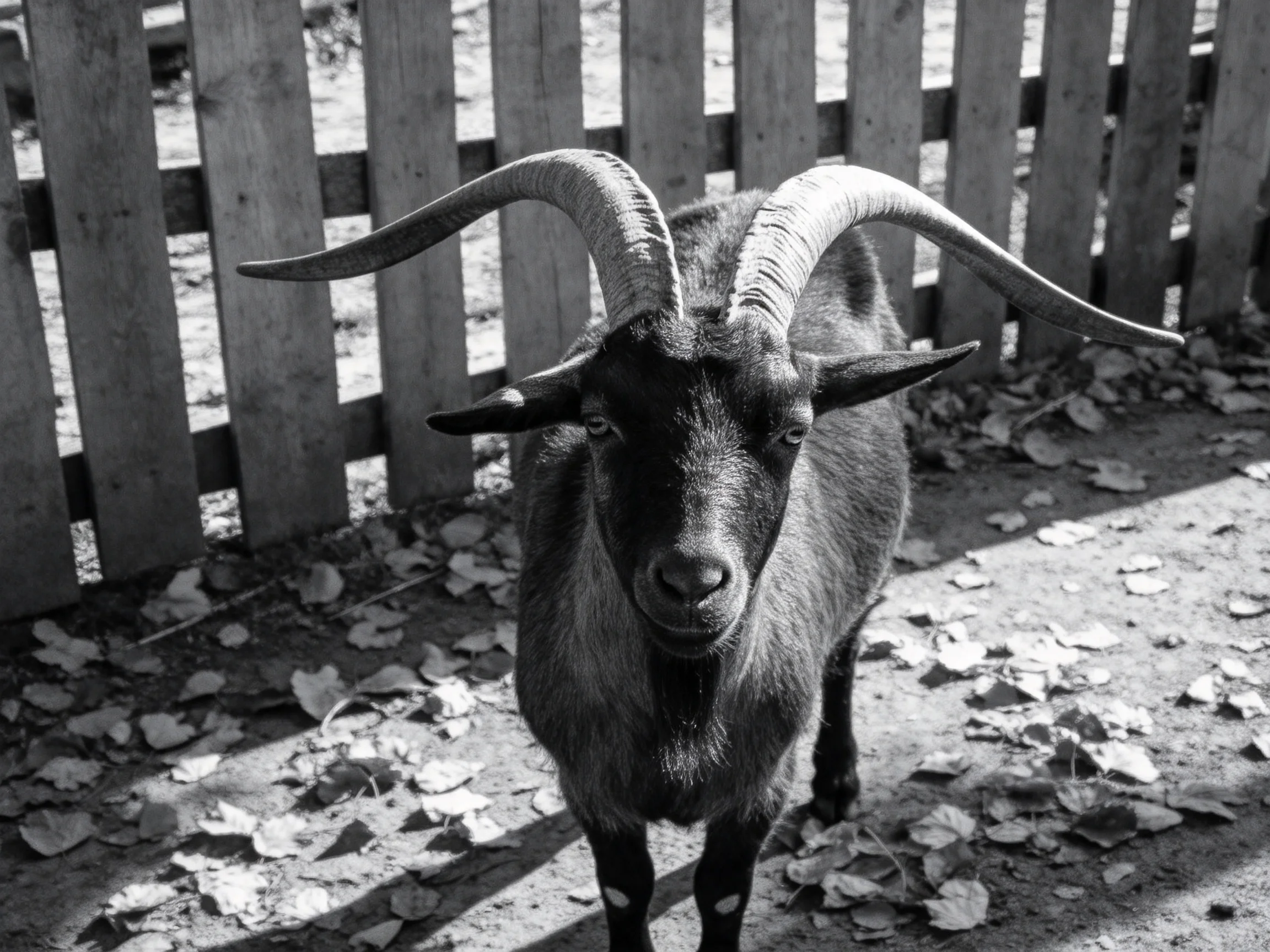A goat with large curved horns near a wooden fence