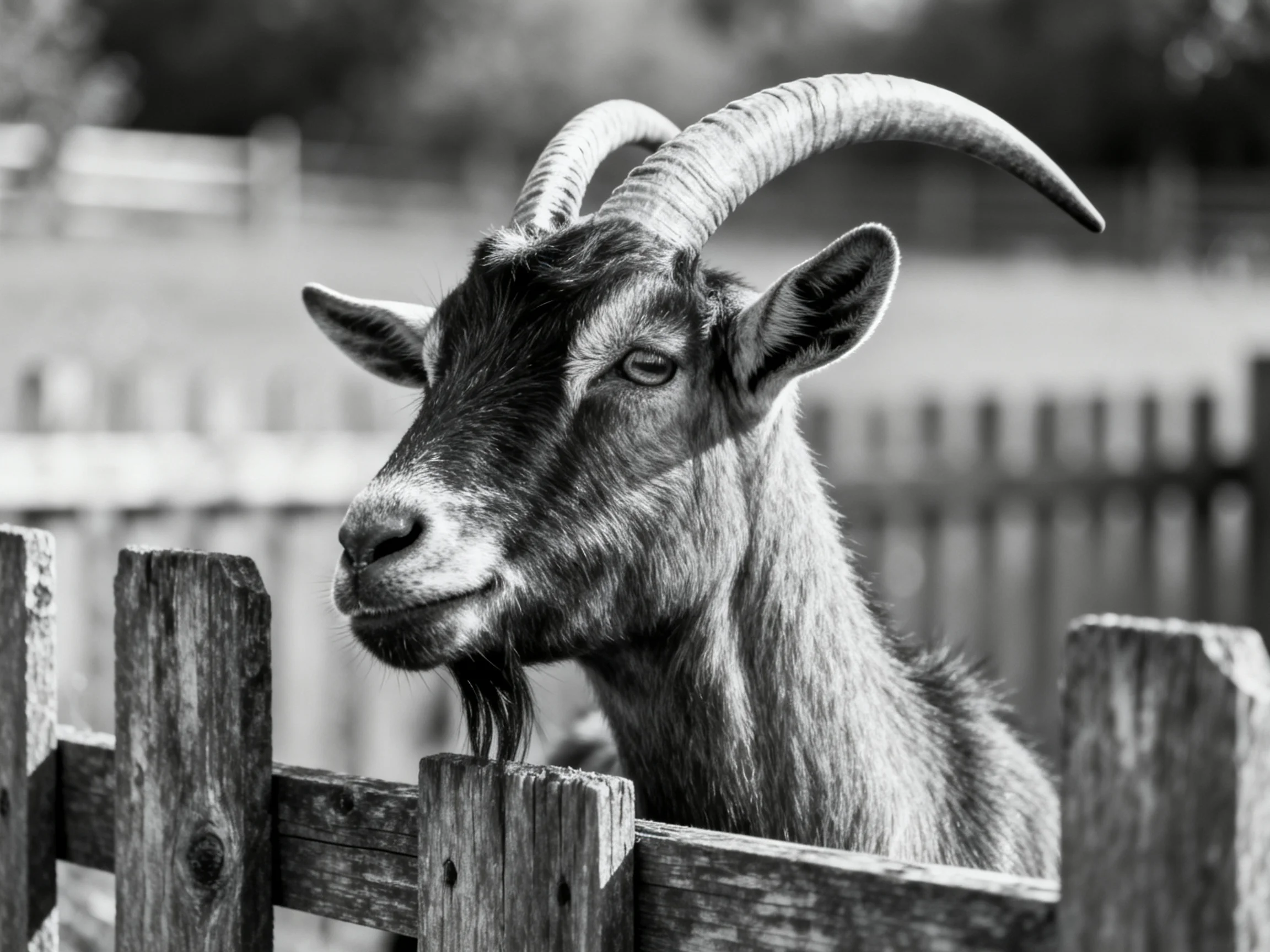 A goat with large curved horns near a wooden fence