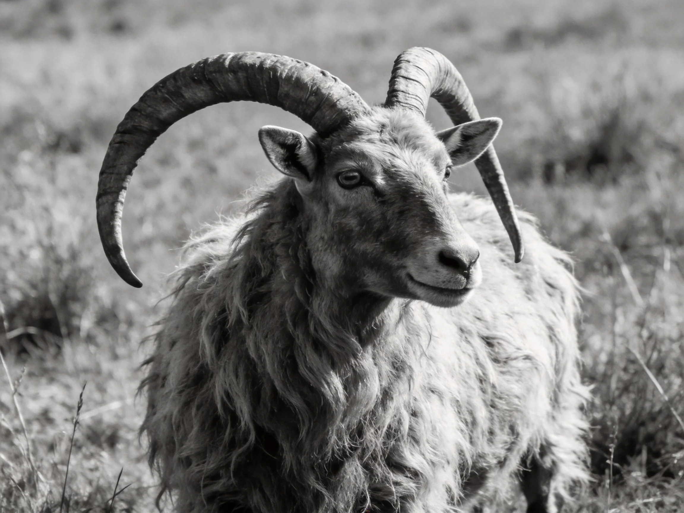 A goat with massive curved horns and shaggy fur in an open field