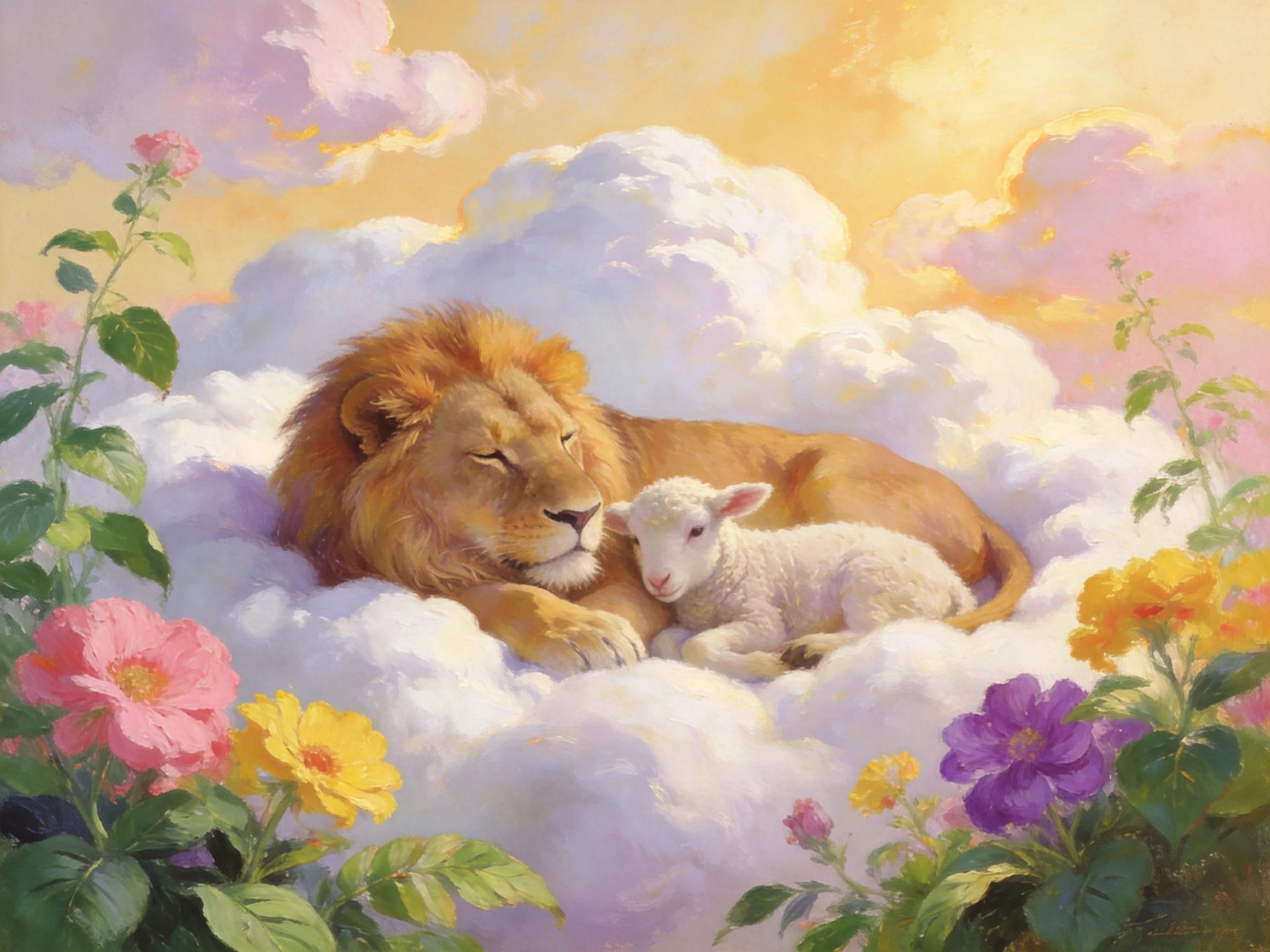 A golden lion rests beside a white lamb amid fluffy clouds and colorful blooms