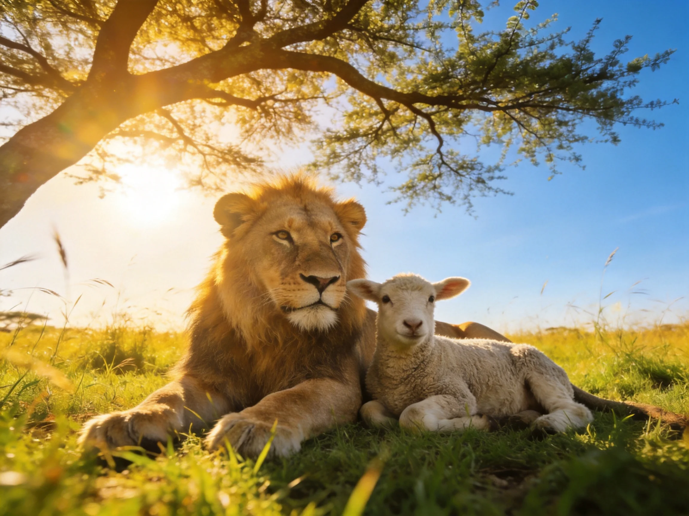 A golden lion rests beside a white lamb in sunlit savannah grass