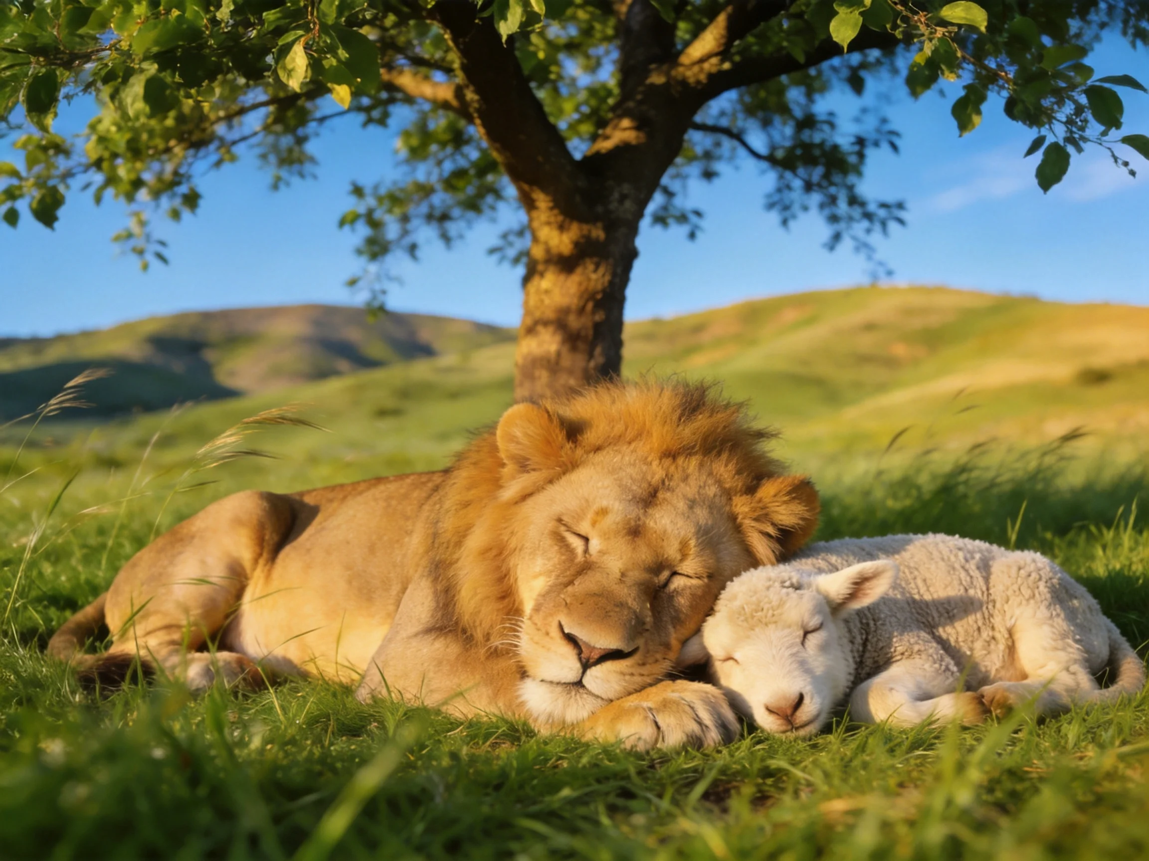 A golden lion rests beside a white lamb under a leafy tree