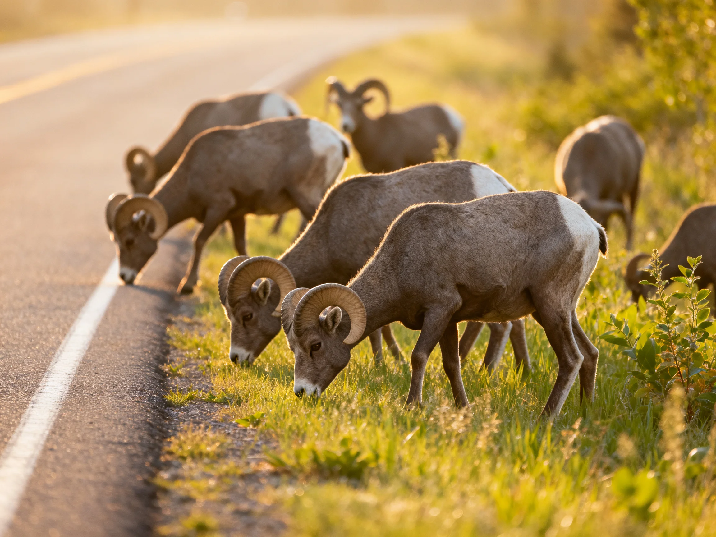 A group of bighorn sheep graze near a sunlit paved road