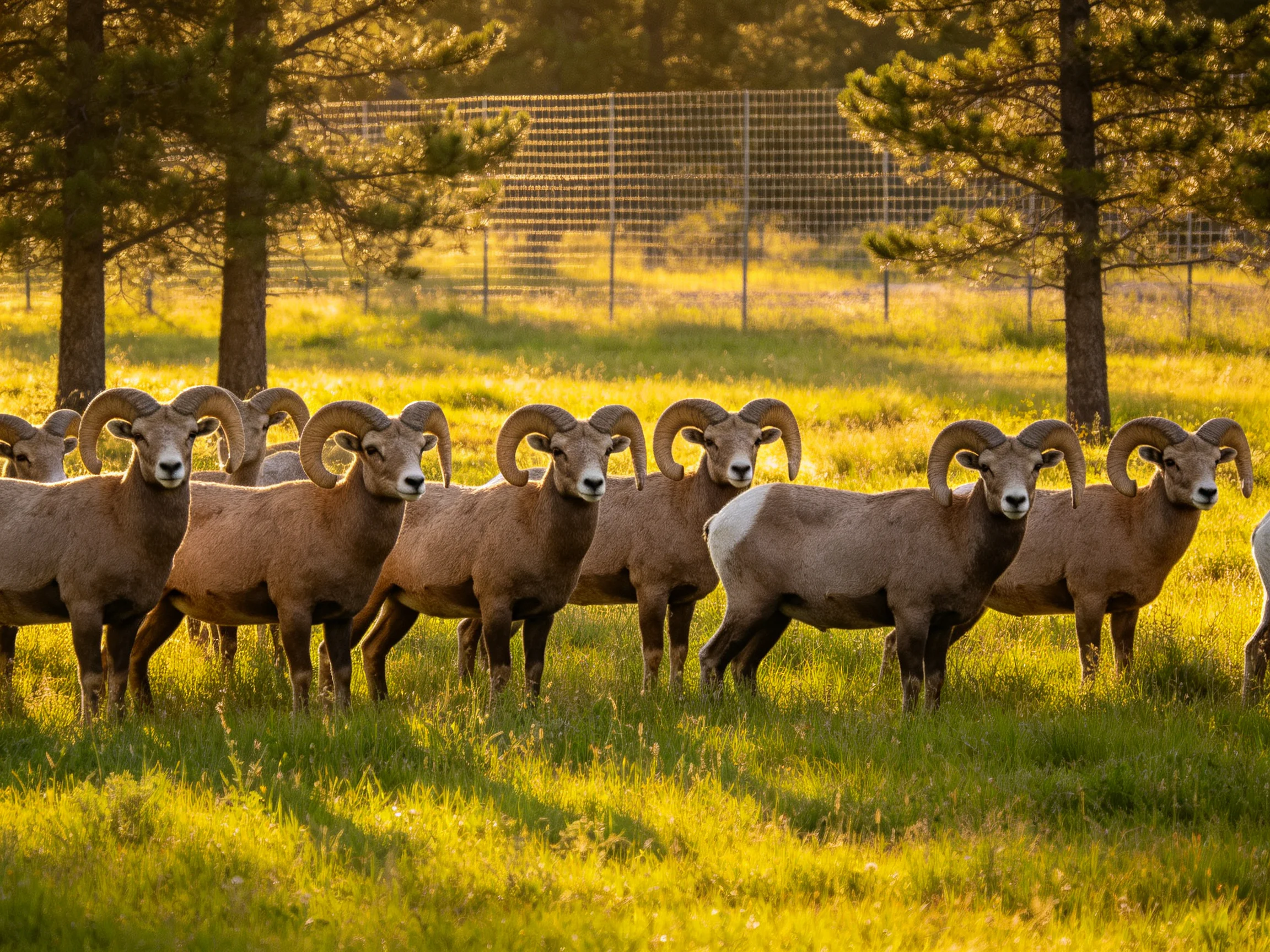A group of bighorn sheep in a sunlit green meadow with pine trees