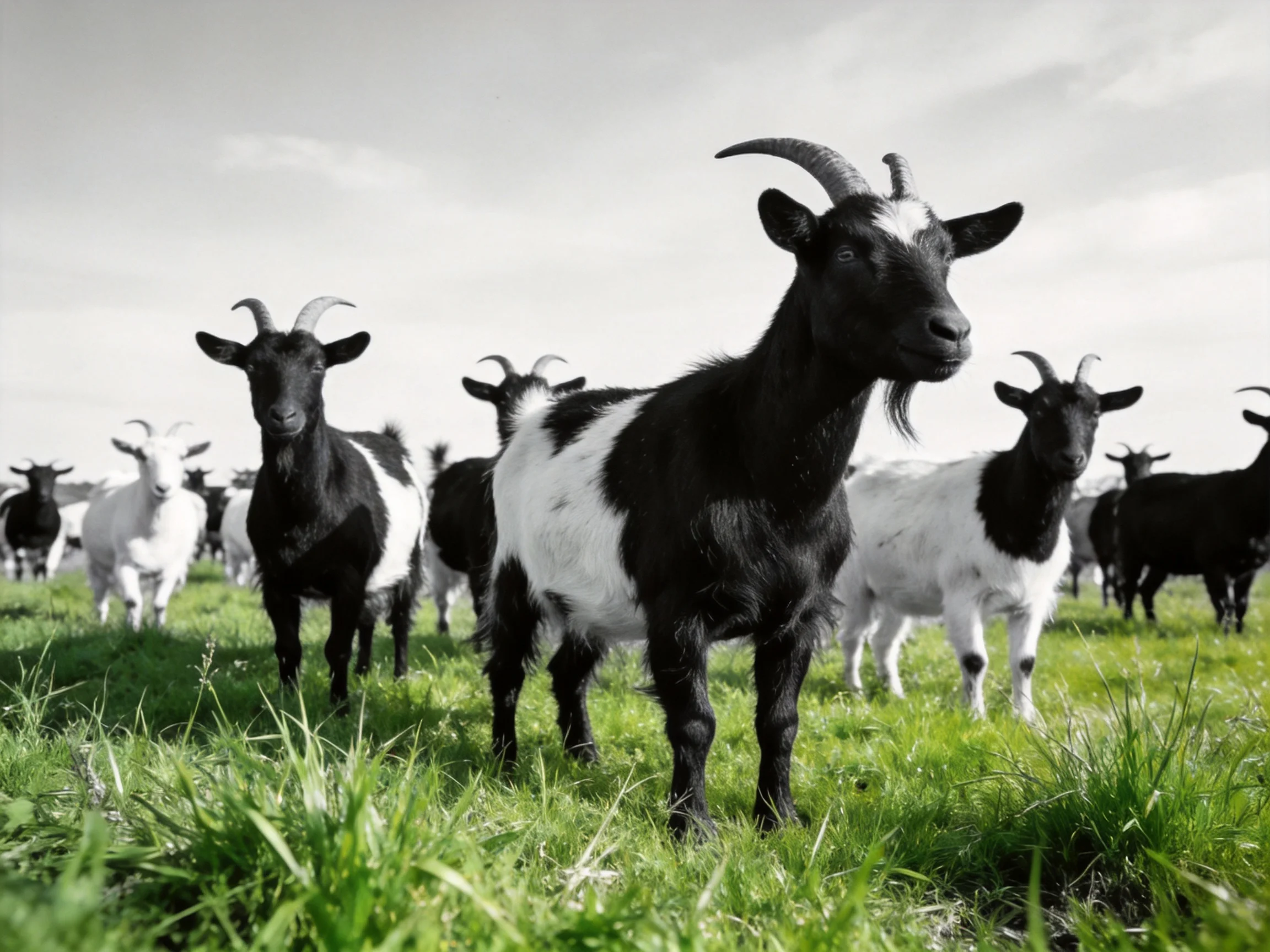 A group of black and white goats stands in a lush green pasture