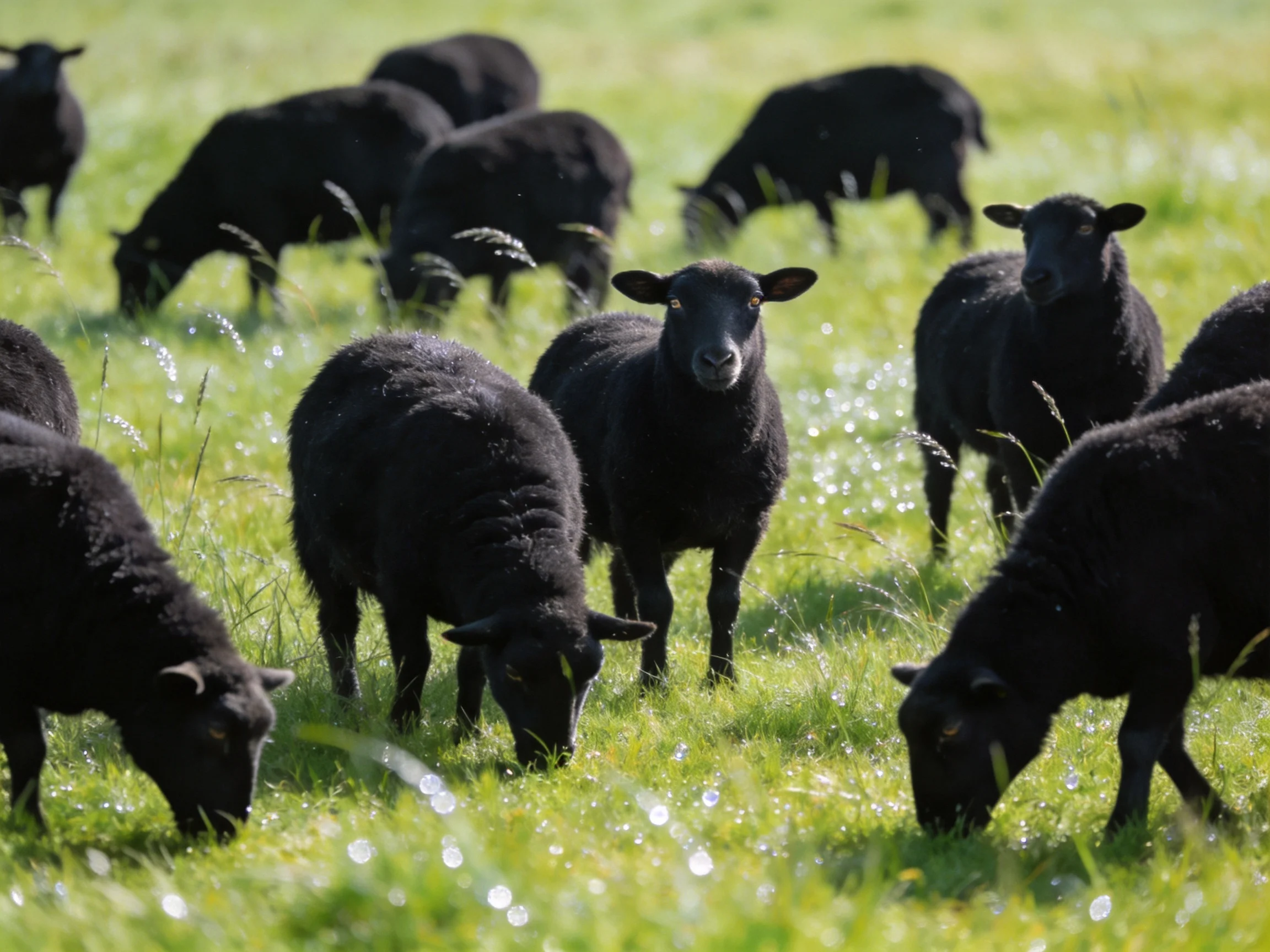 A group of black sheep grazing in a sunlit green pasture