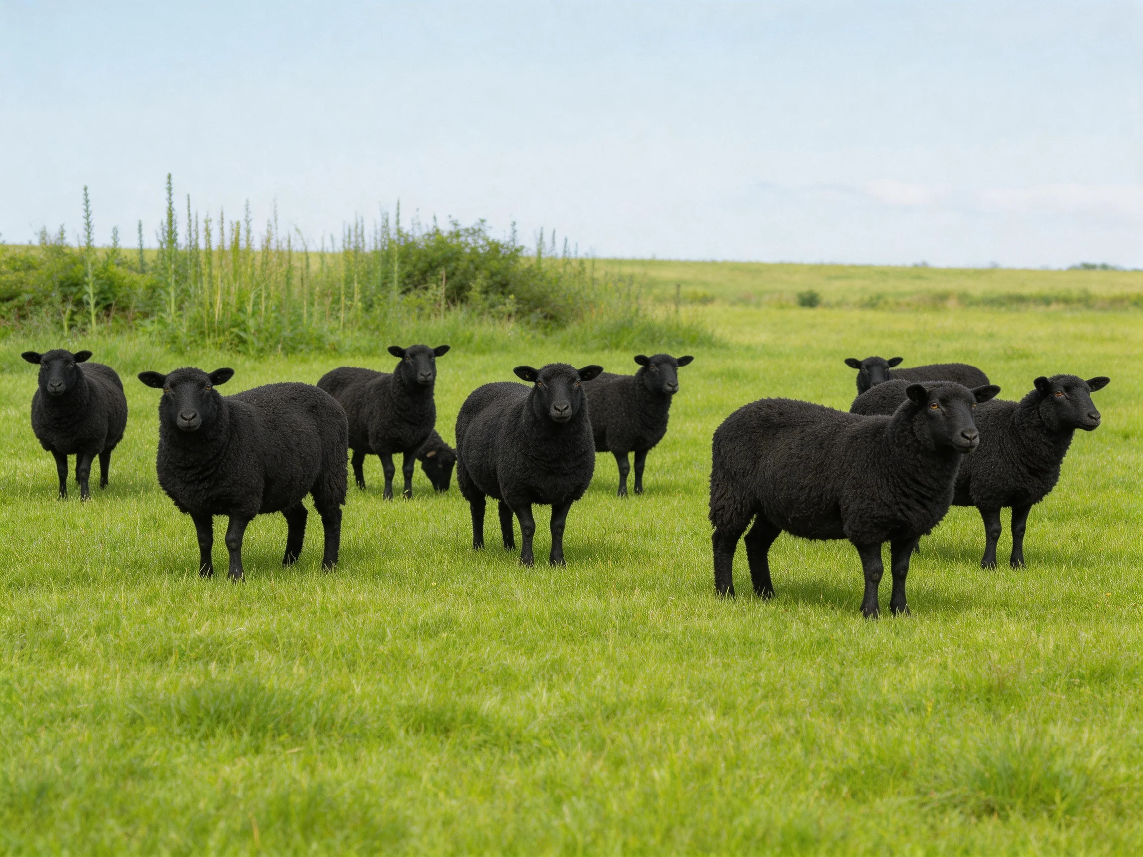 A group of black sheep in a lush green pasture