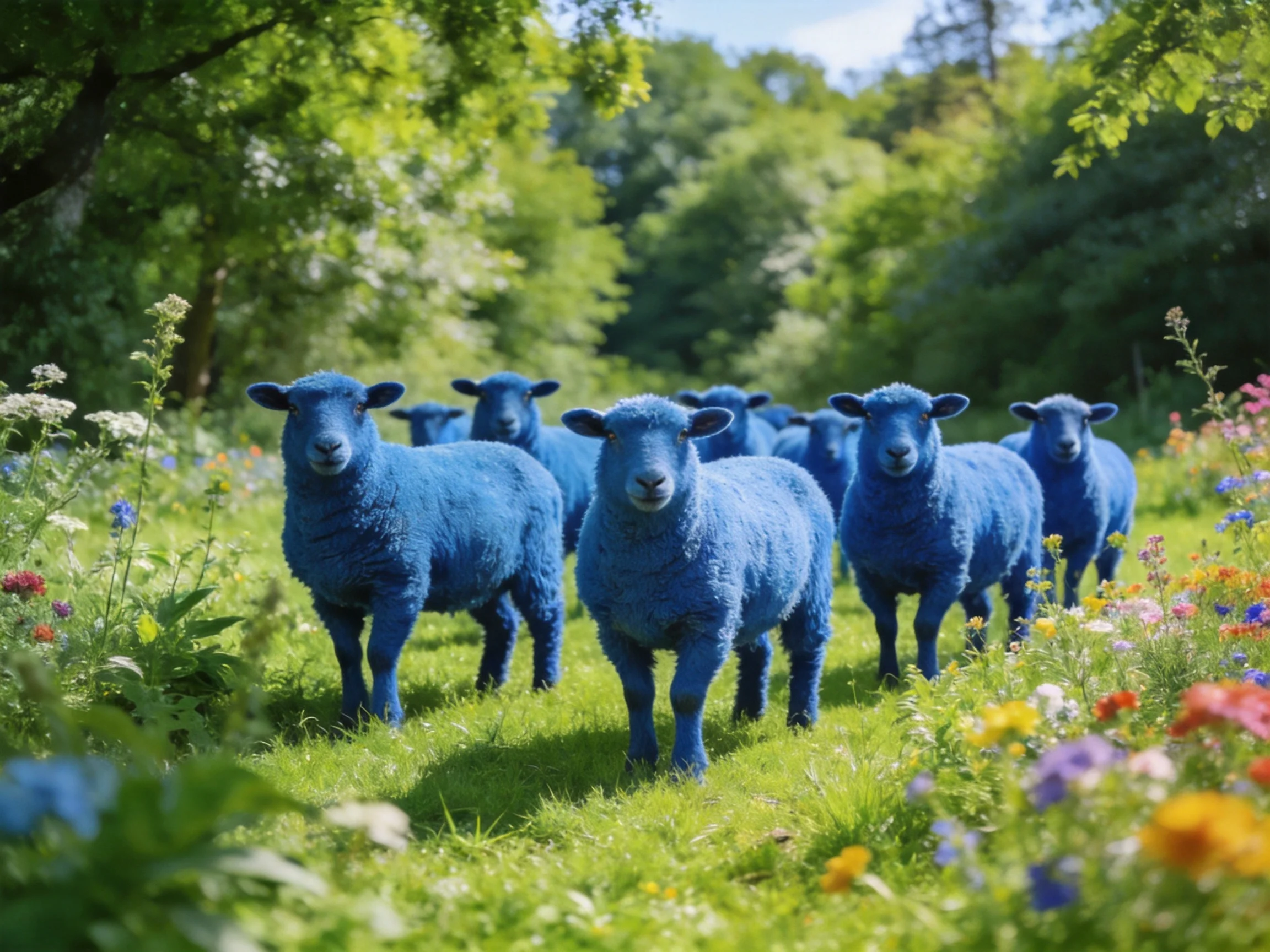 A group of bright blue sheep in a lush green meadow with colorful wildflowers
