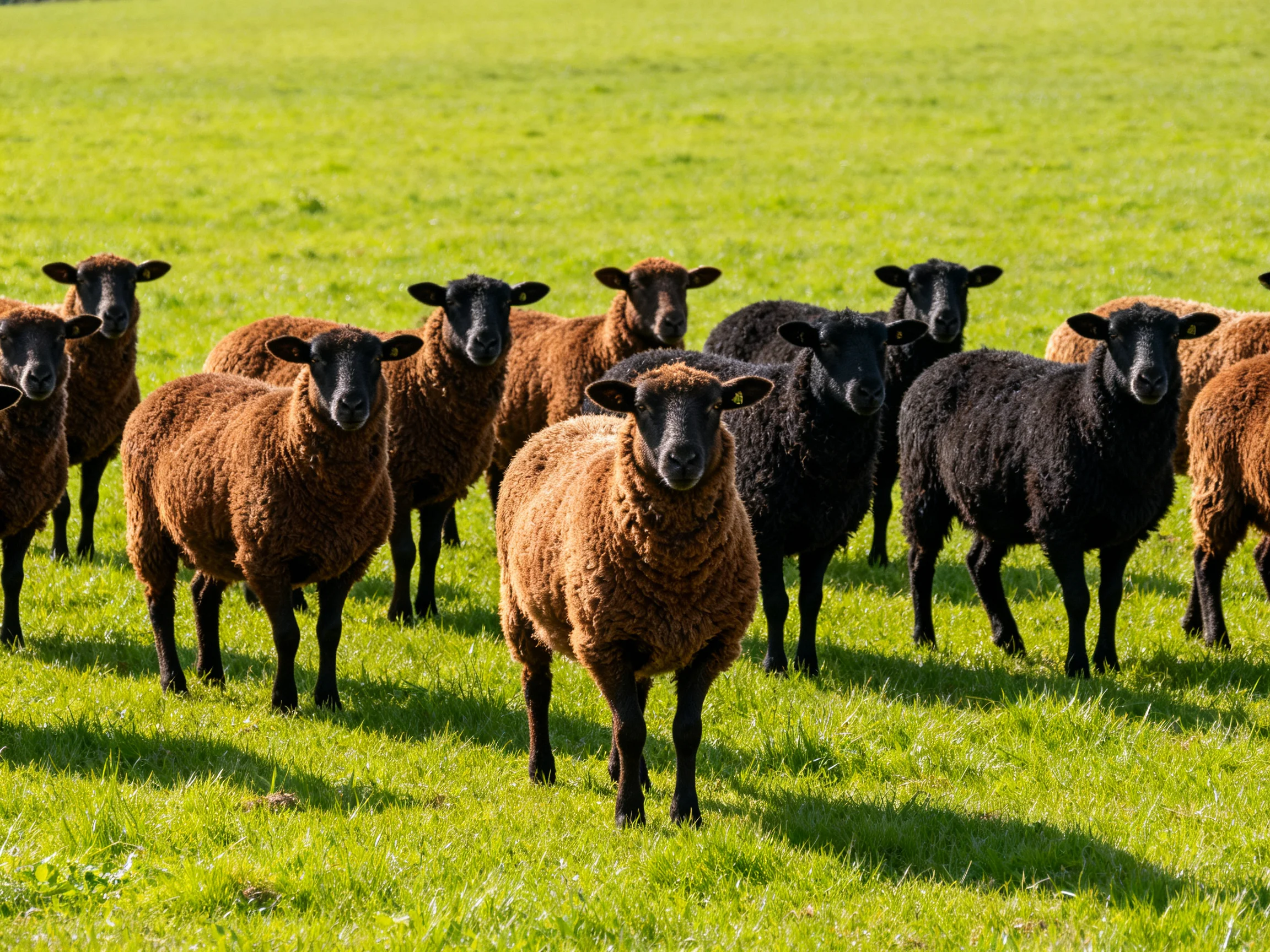 A group of brown and black sheep in a sunlit green pasture