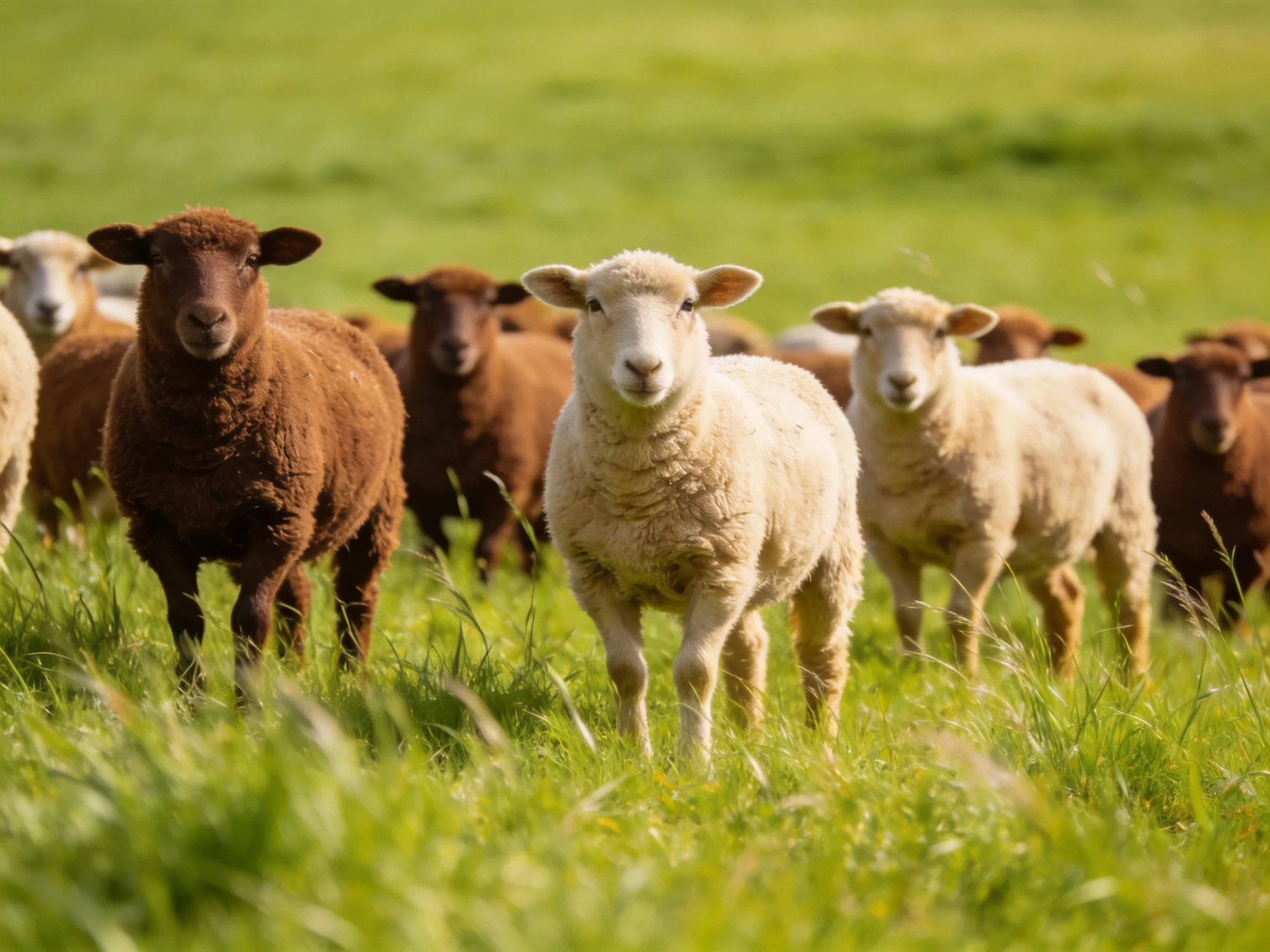 A group of brown and white lambs in a lush green pasture
