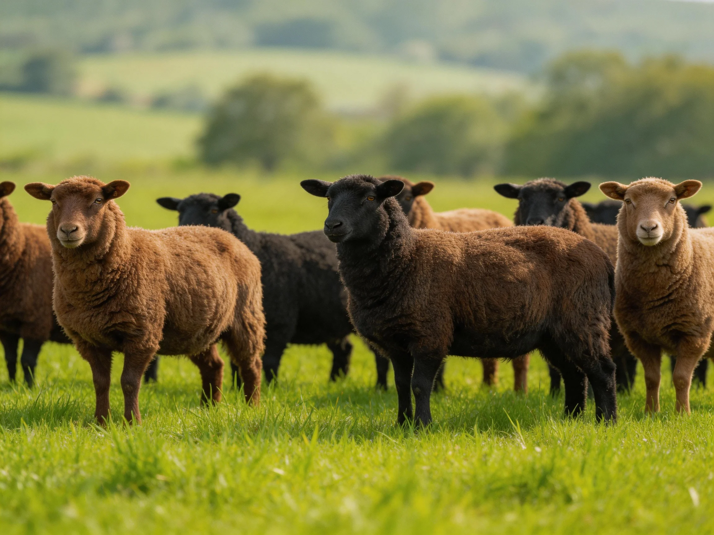 A group of brown, black, and tan sheep in a lush green pasture