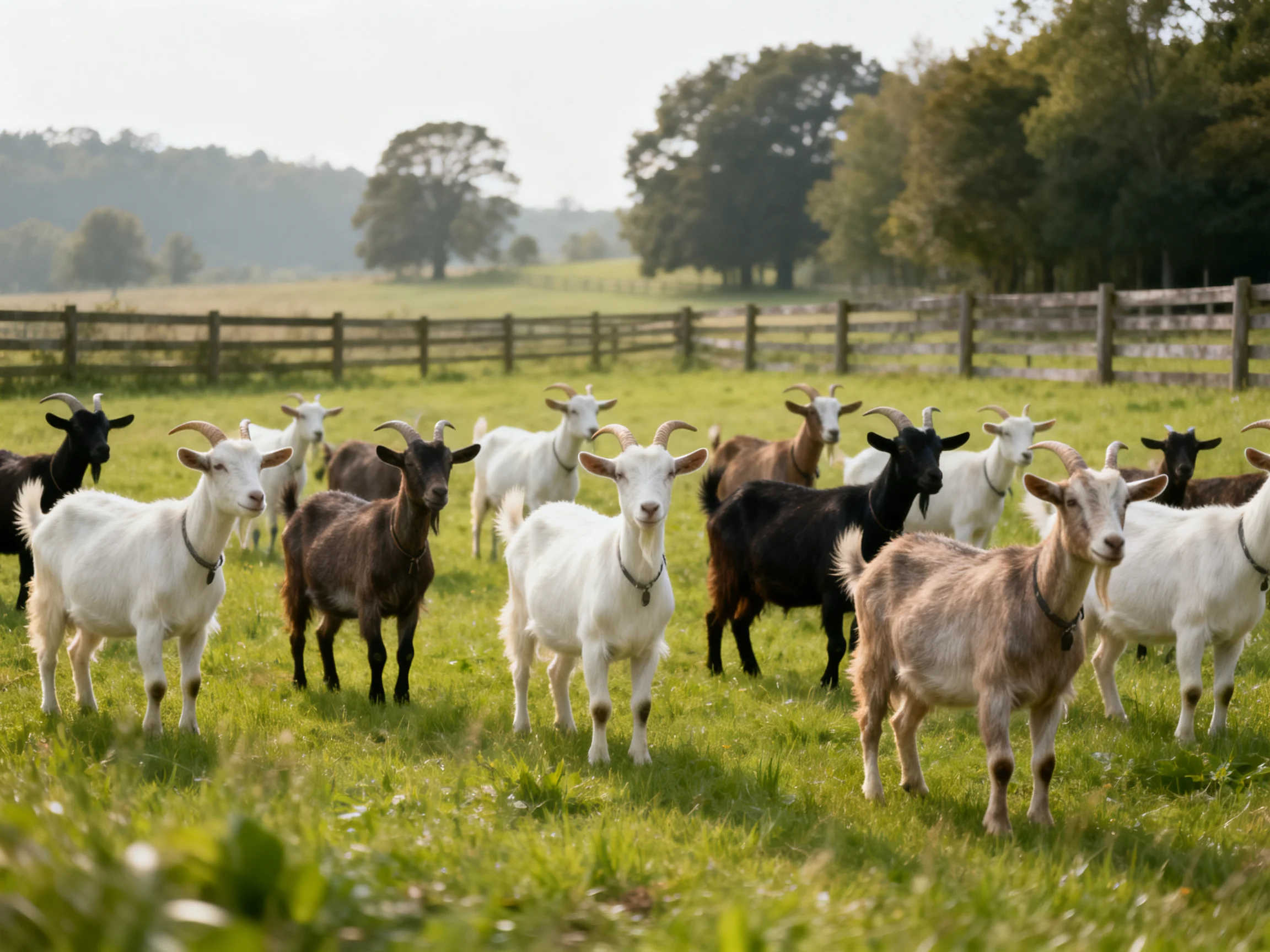 A group of colorful goats in a fenced green pasture