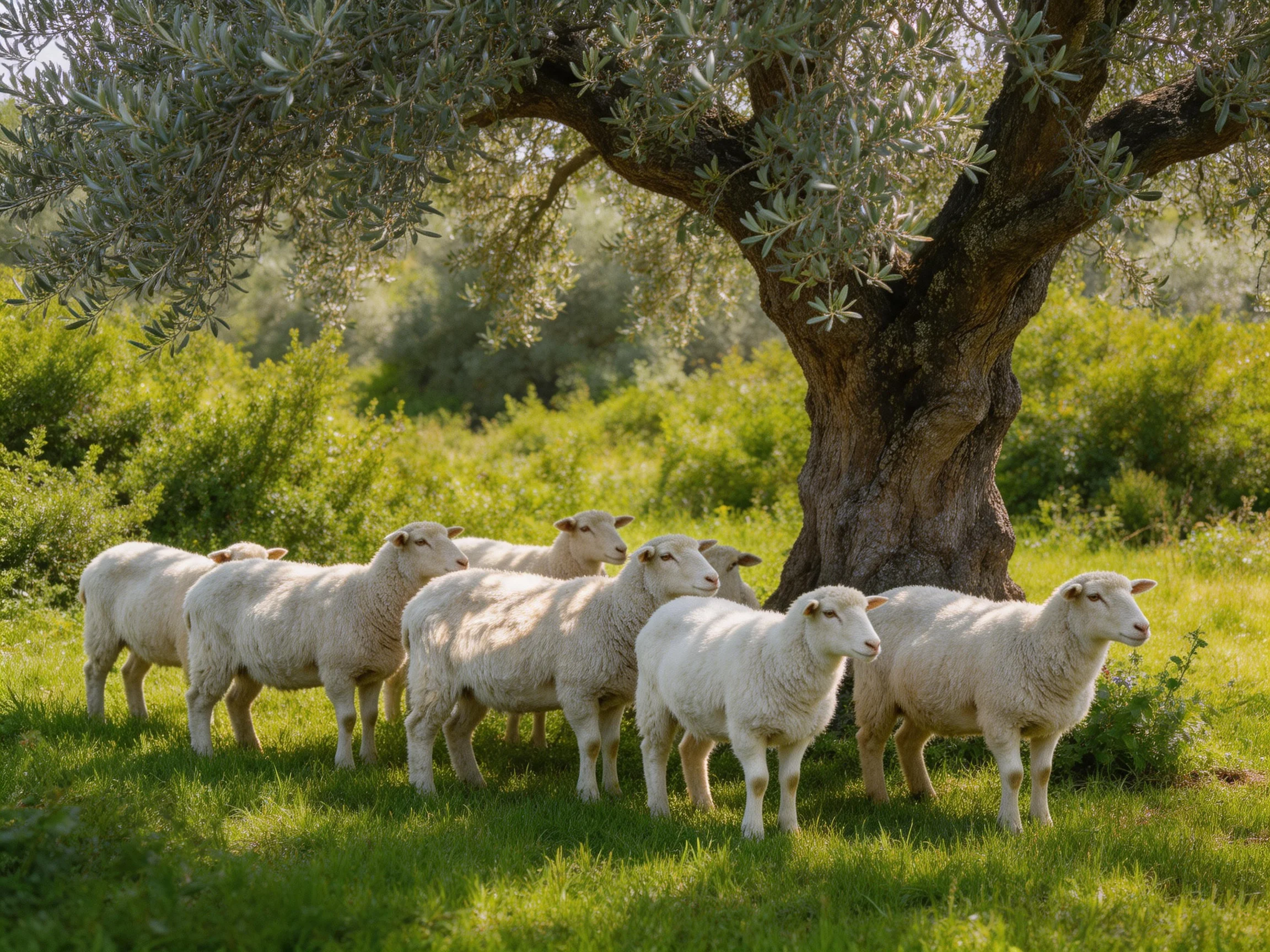 A group of eight white sheep near a large olive tree