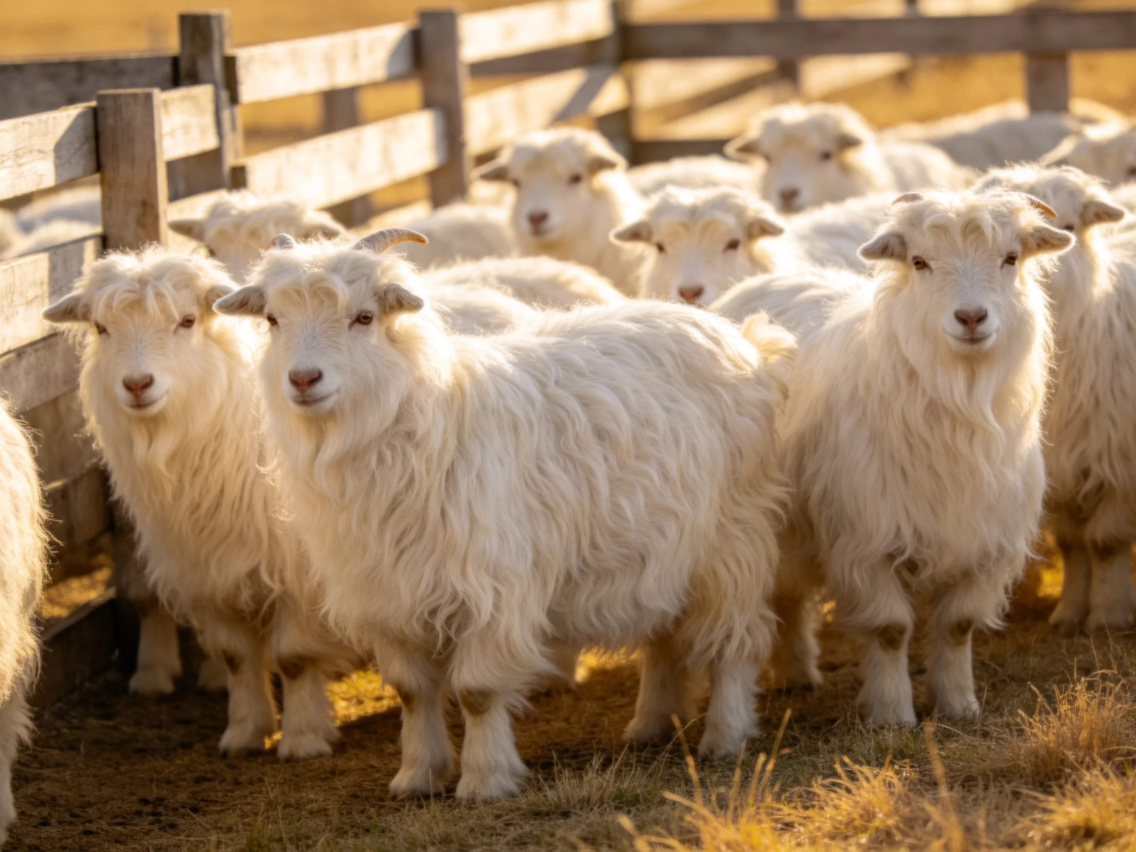 A group of fluffy white goats gathered near wooden fencing