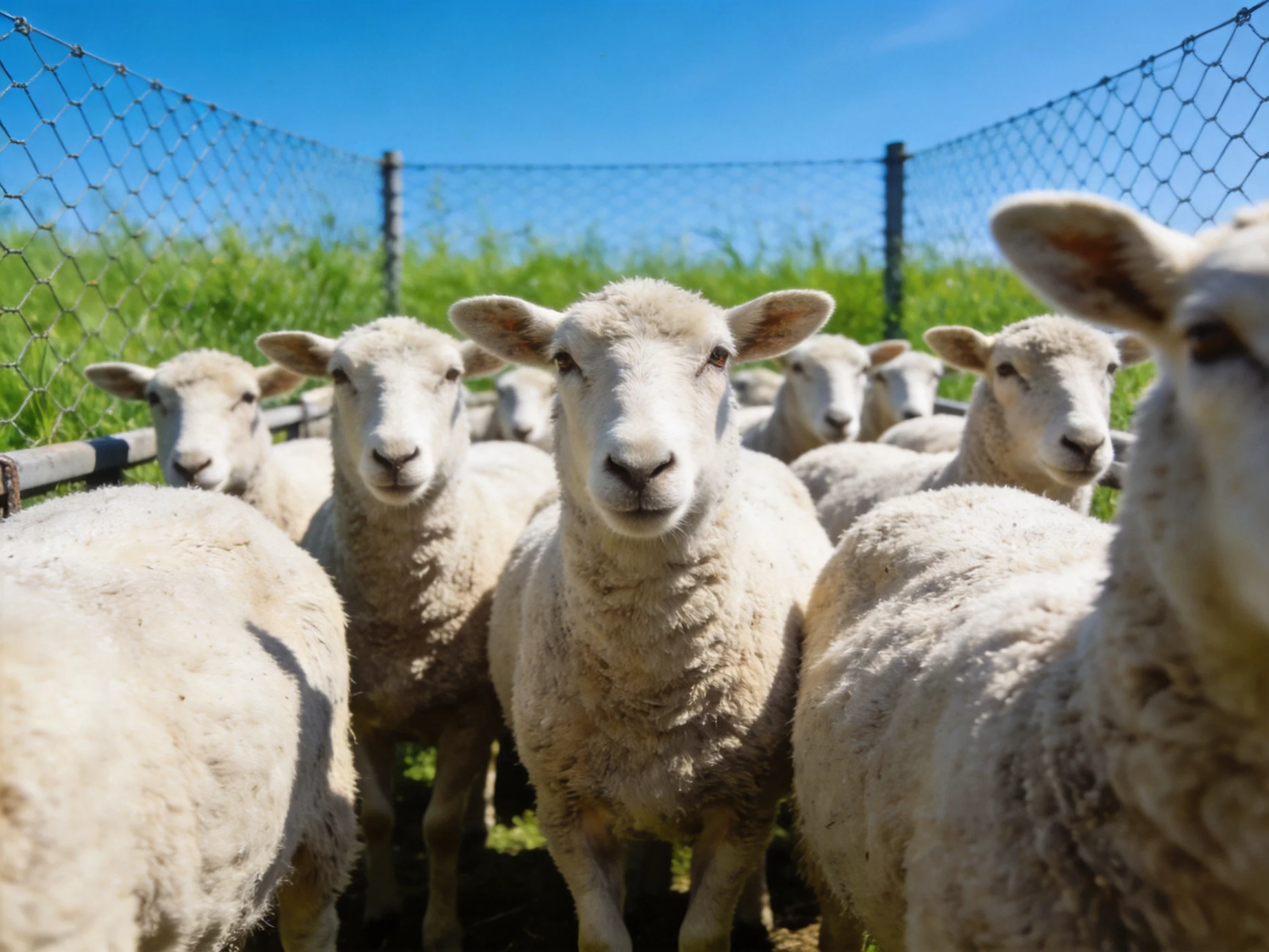A group of fluffy white lambs gathered near a wire fence