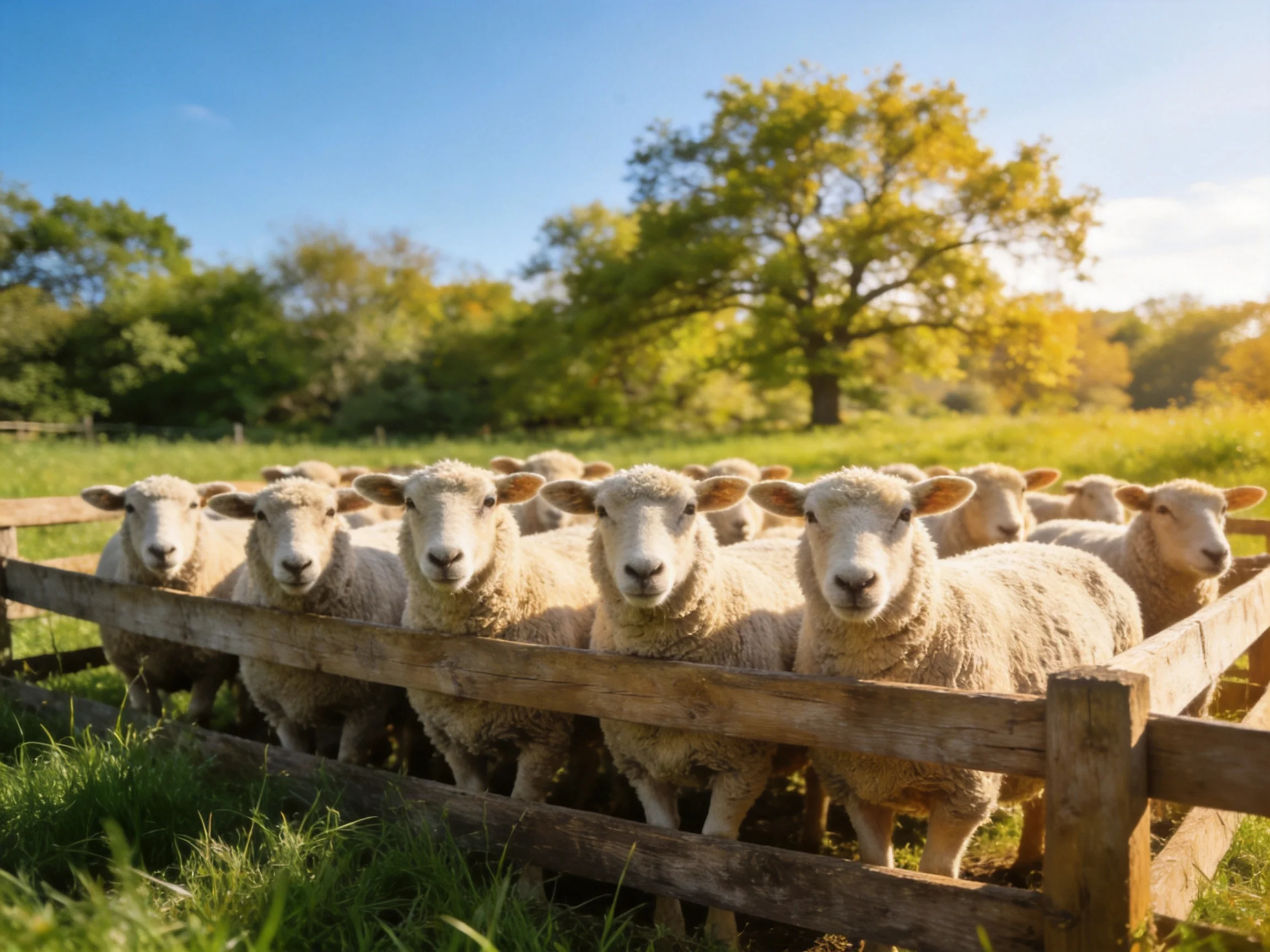 A group of fluffy white sheep behind a wooden fence in a sunny meadow