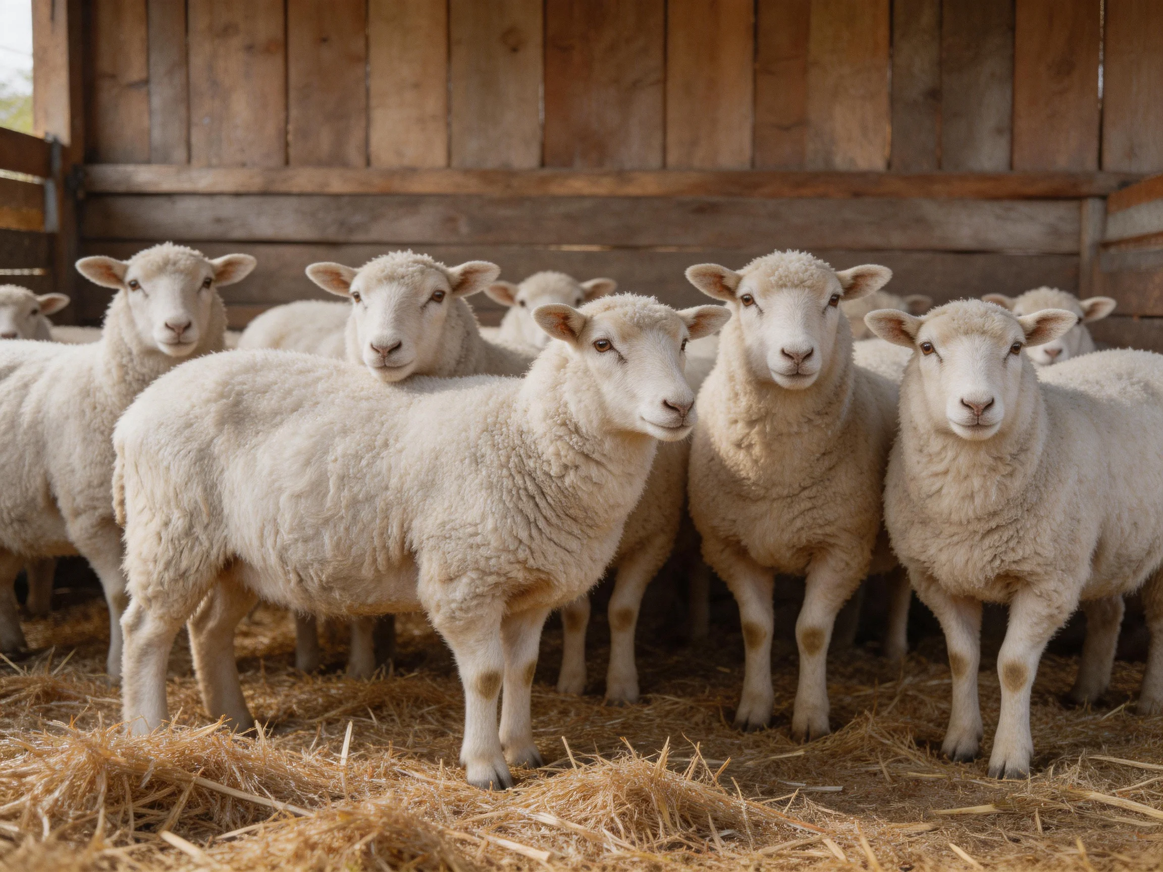 A group of fluffy white sheep clustered in a rustic wooden barn