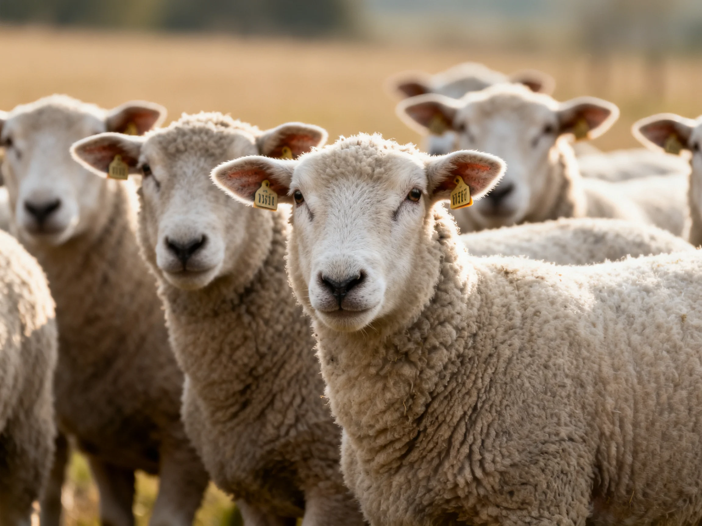 A group of fluffy white sheep gathered in a sunlit field
