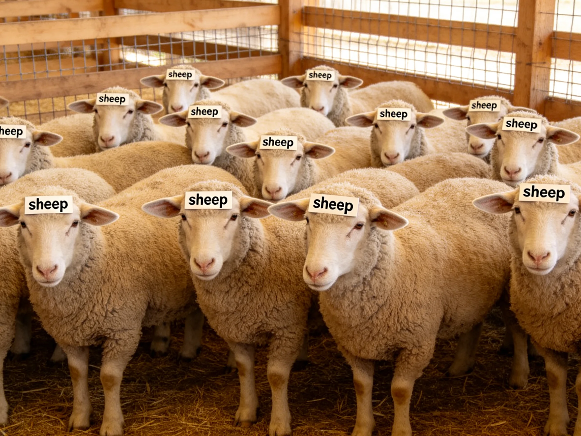 A group of fluffy white sheep gathered in a wooden enclosure