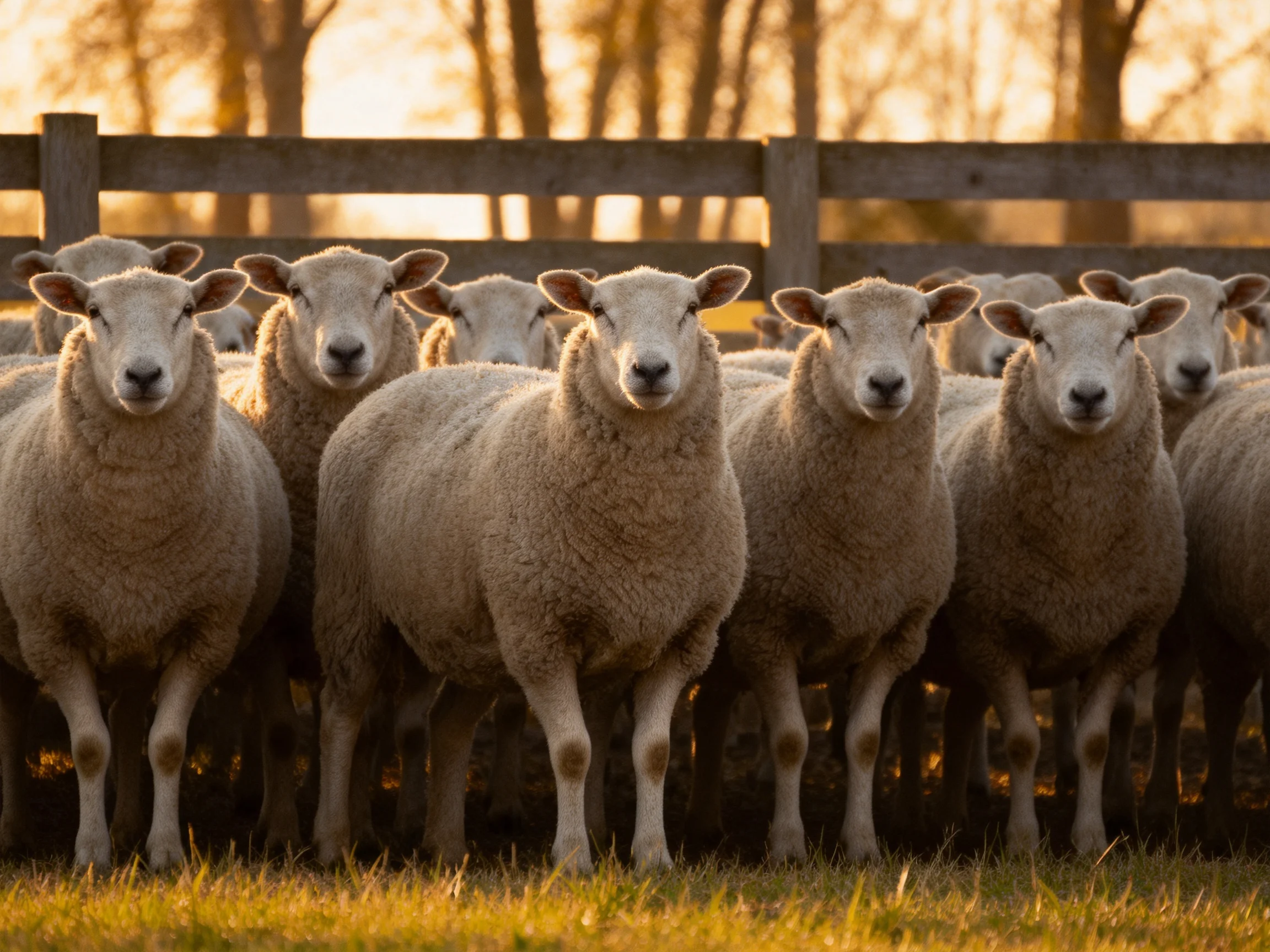 A group of fluffy white sheep gathered near a wooden fence