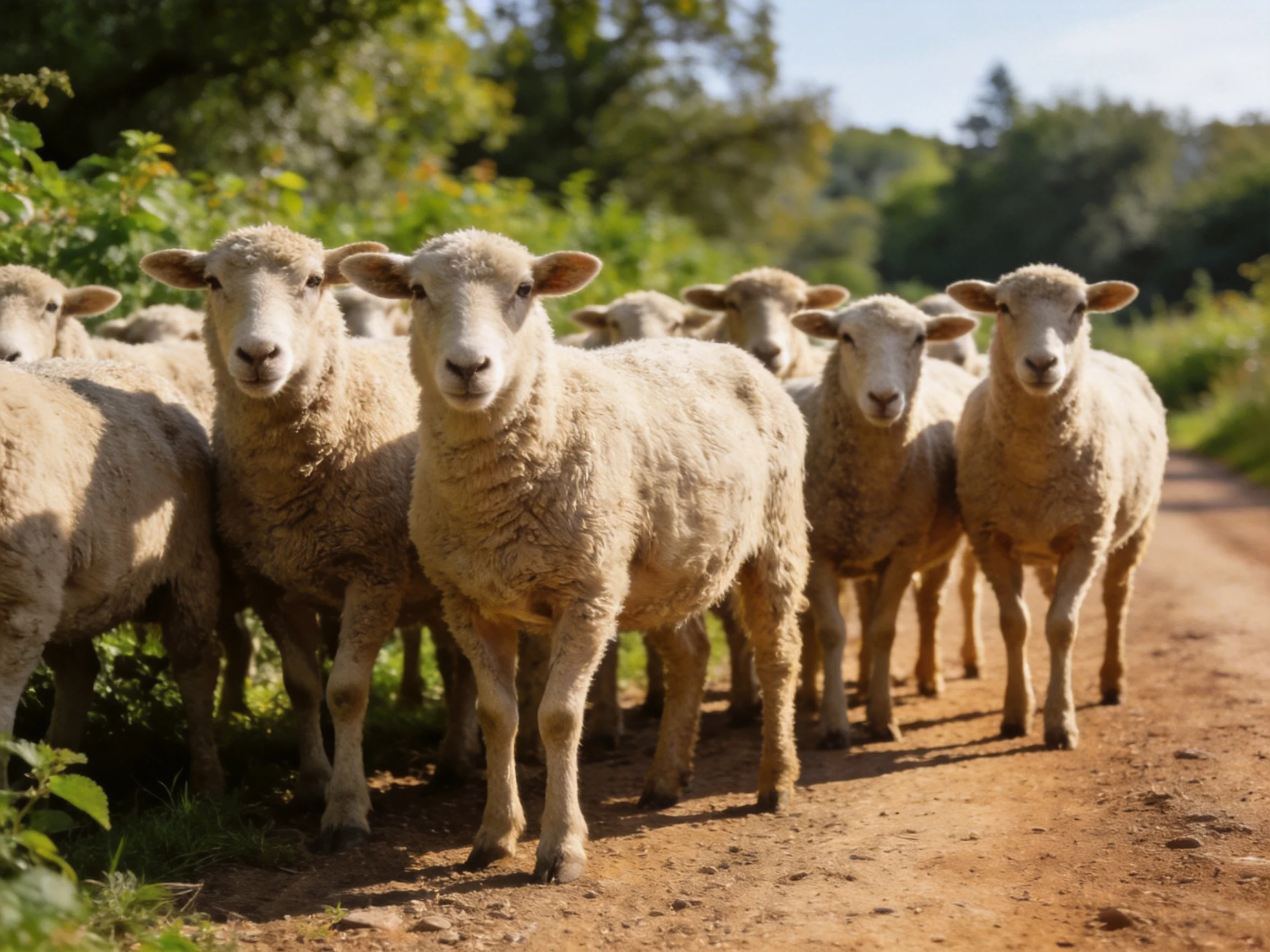 A group of fluffy white sheep gathers on a sunlit dirt path