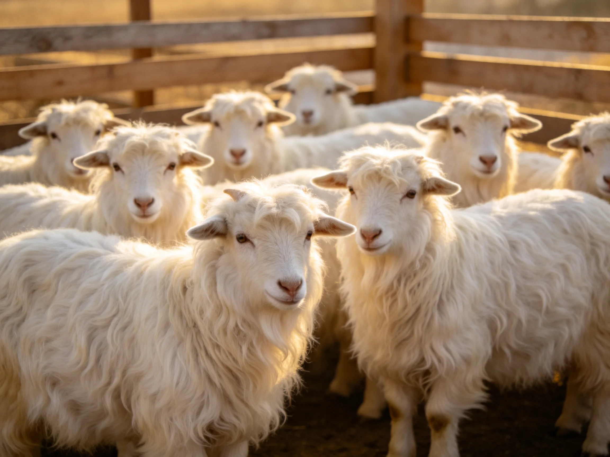 A group of fluffy white sheep in a wooden enclosure