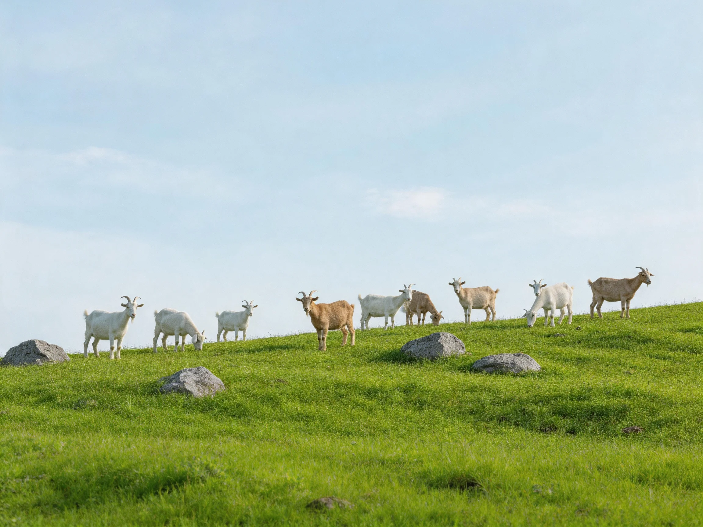 A group of goats grazing on a lush green hillside with scattered rocks