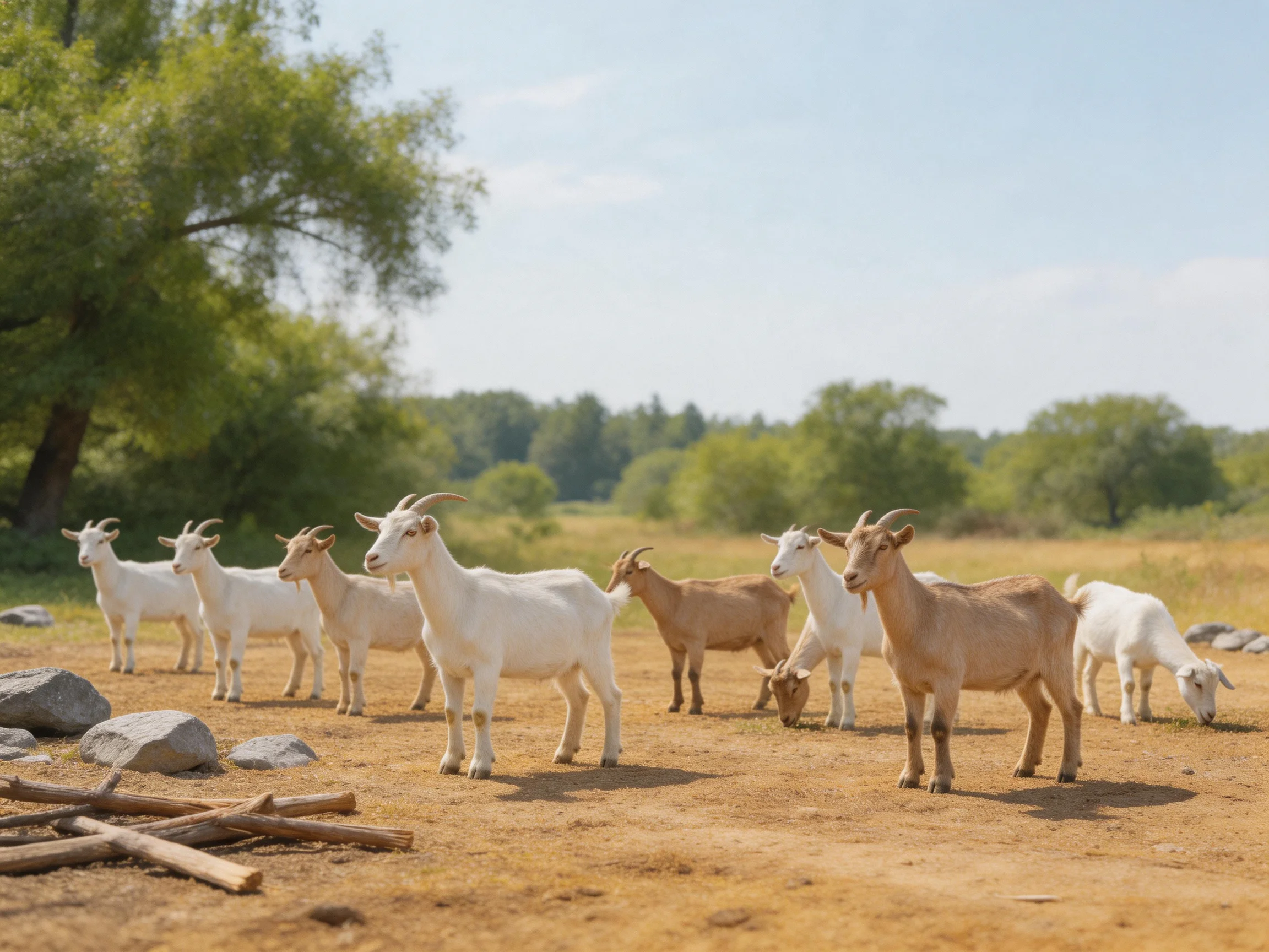 A group of goats in white and brown coats near rocks and trees