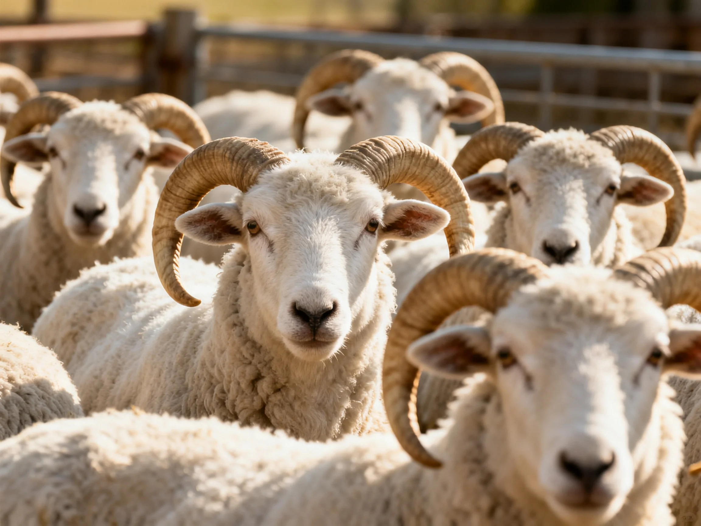 A group of horned sheep with thick white wool in a fenced enclosure