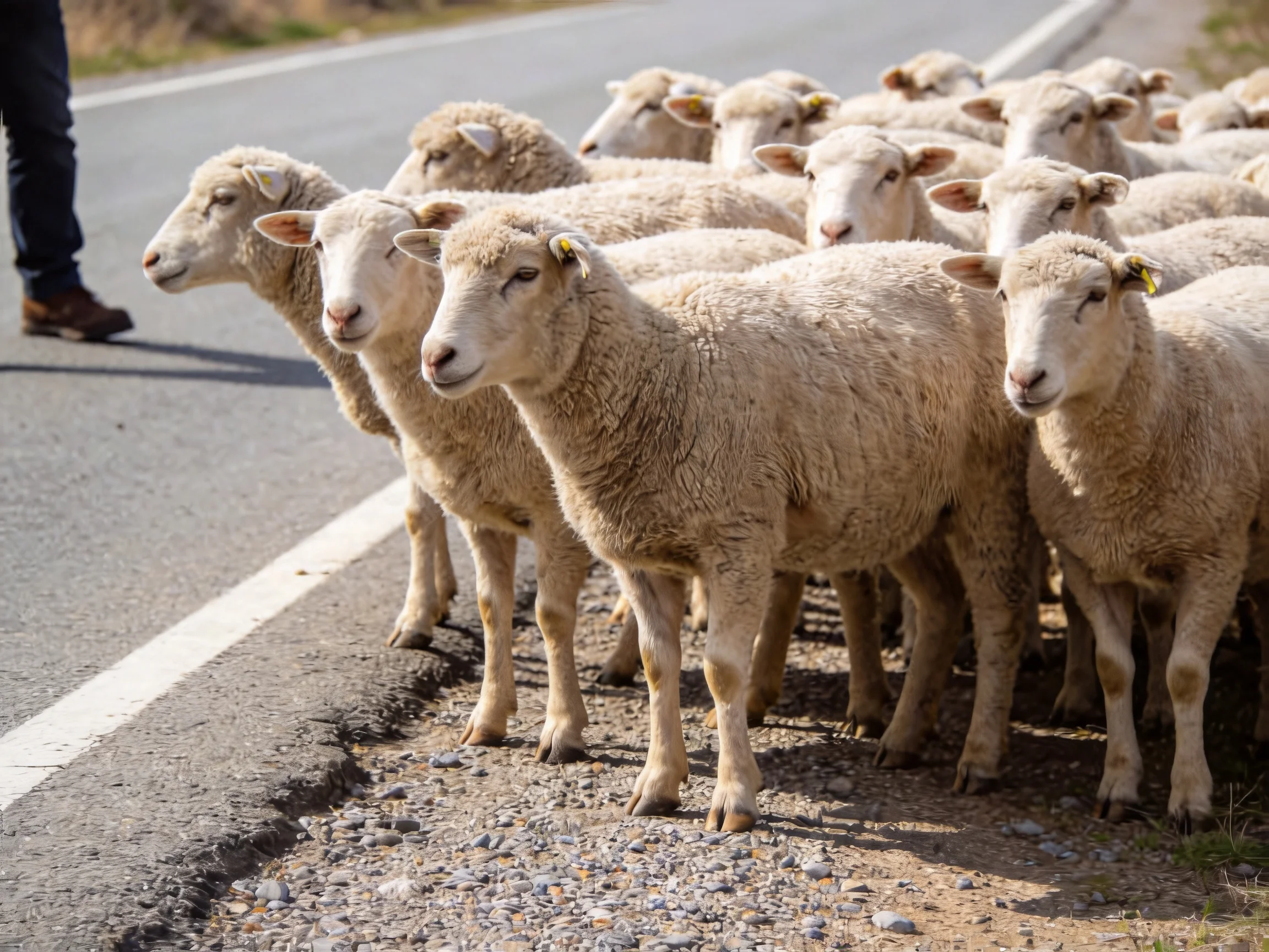 A group of light - hued sheep clustered near a paved road