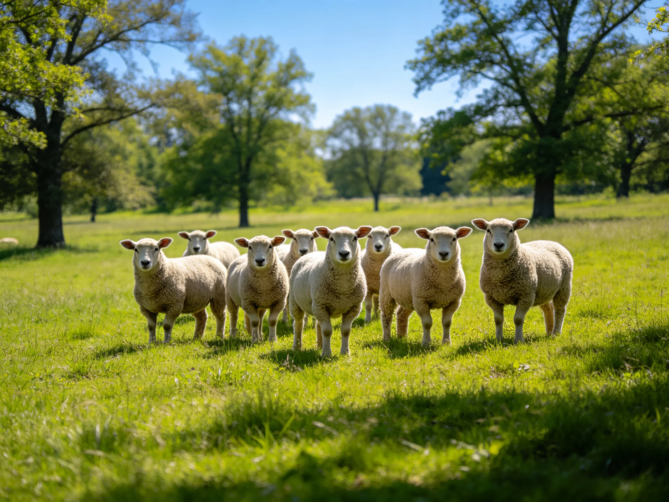 A group of nine sheep in a sunlit green pasture with tall trees