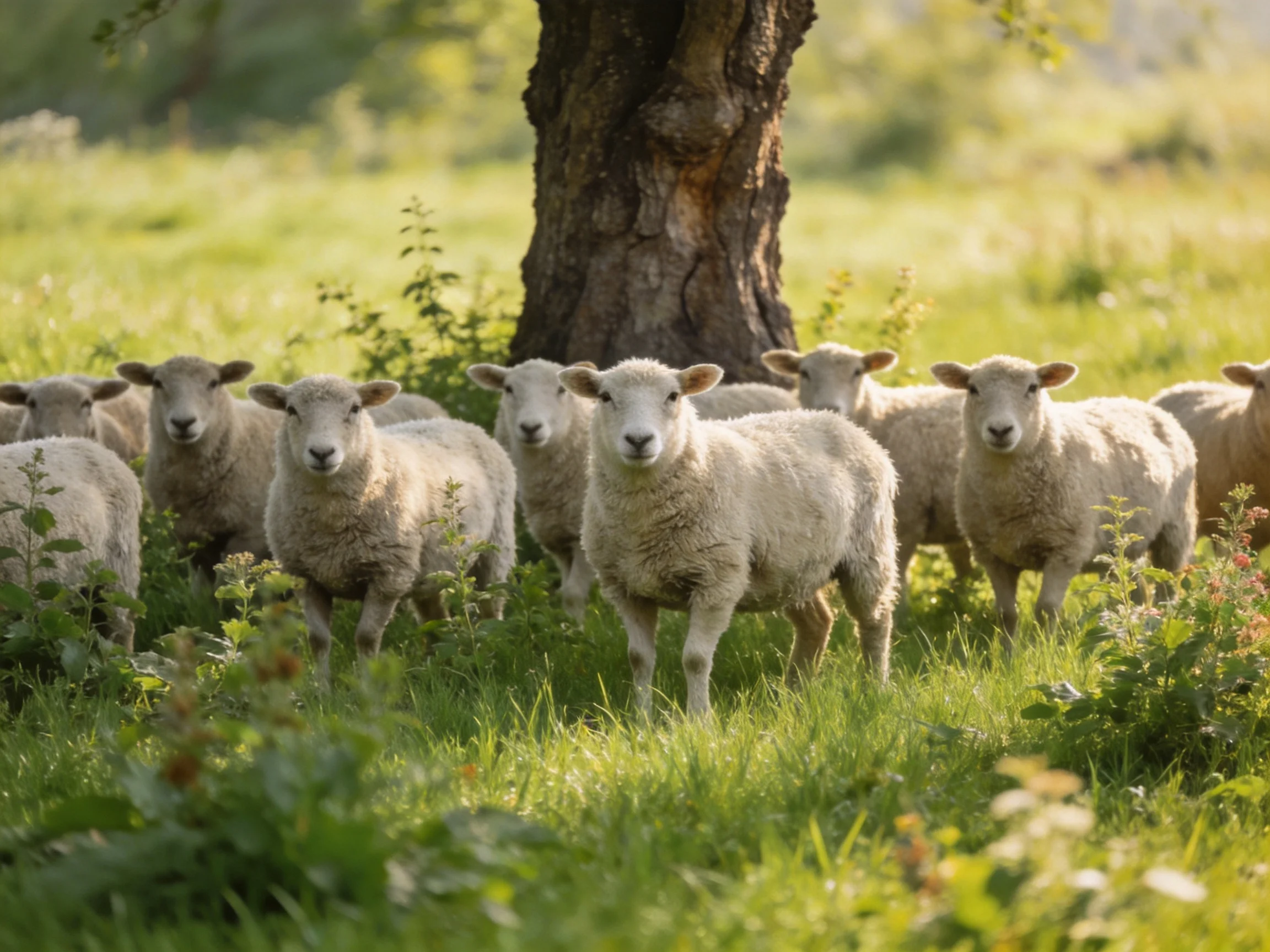 A group of sheep gathered near a large tree in a verdant meadow