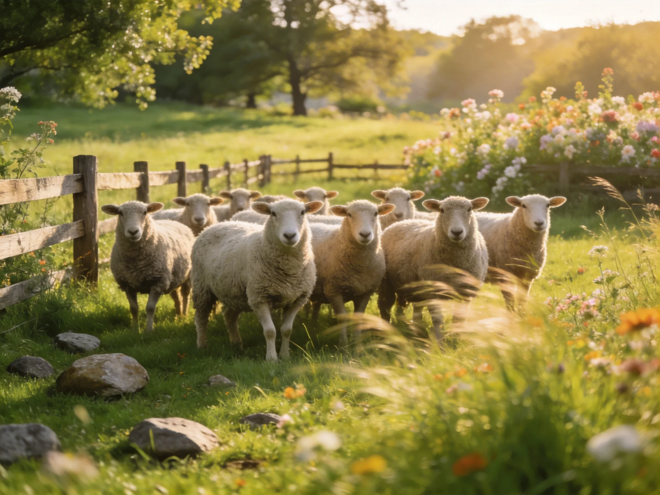 A group of sheep gathered near wooden fence in sunlit pasture