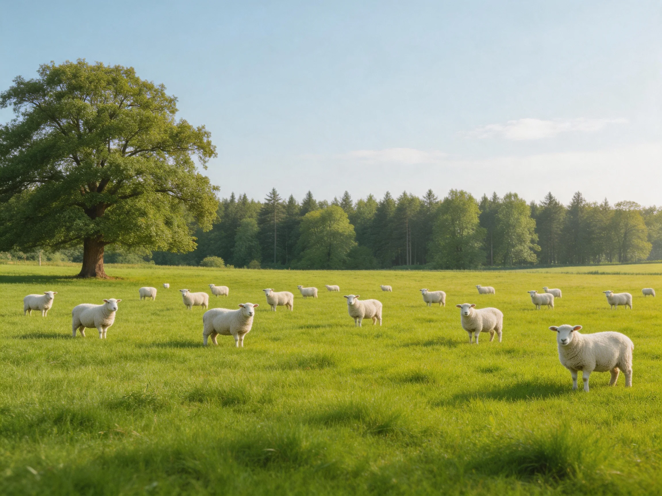 A group of sheep graze in a green meadow near a large tree