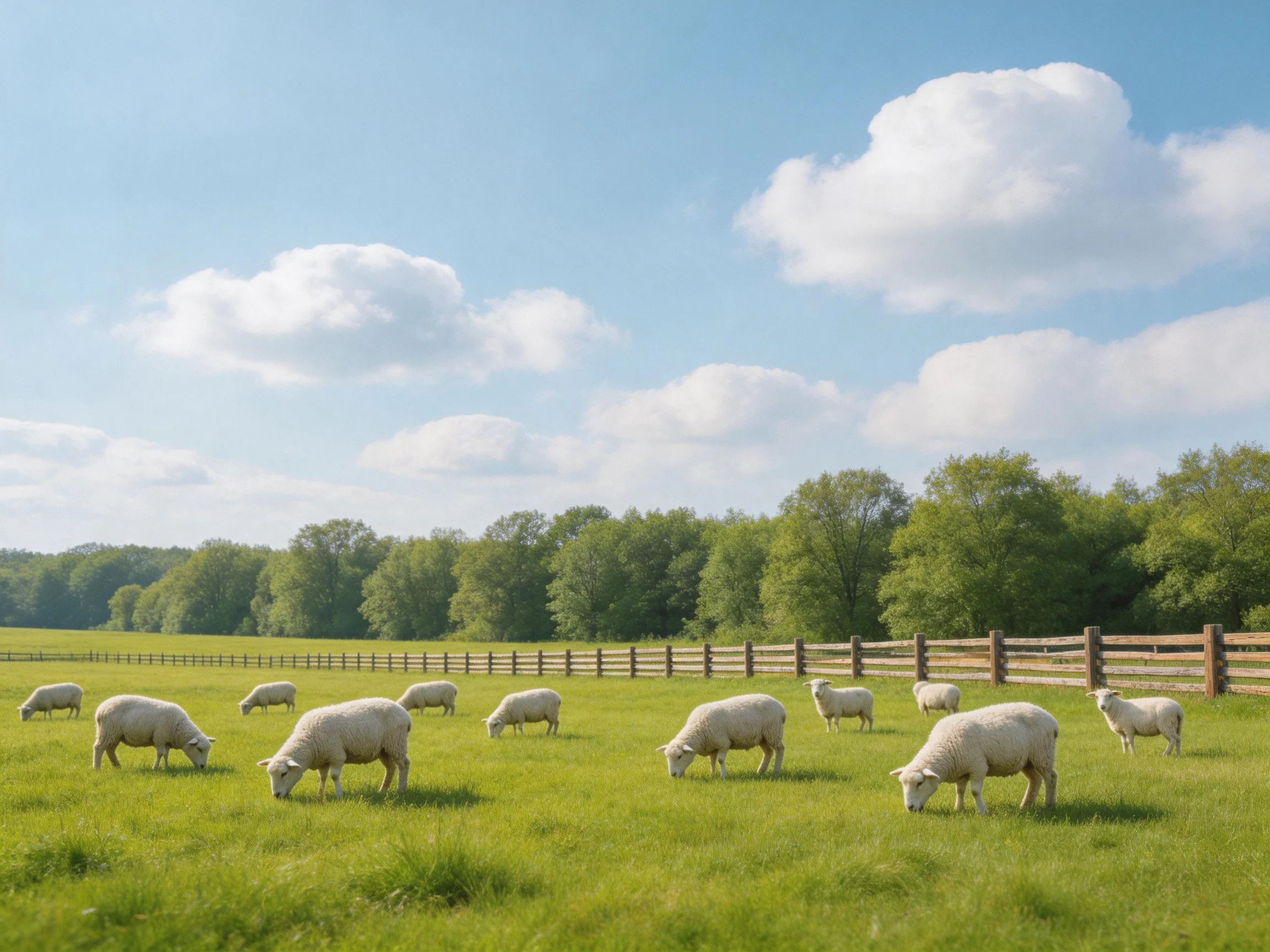 A group of sheep graze in a green pasture with a wooden fence