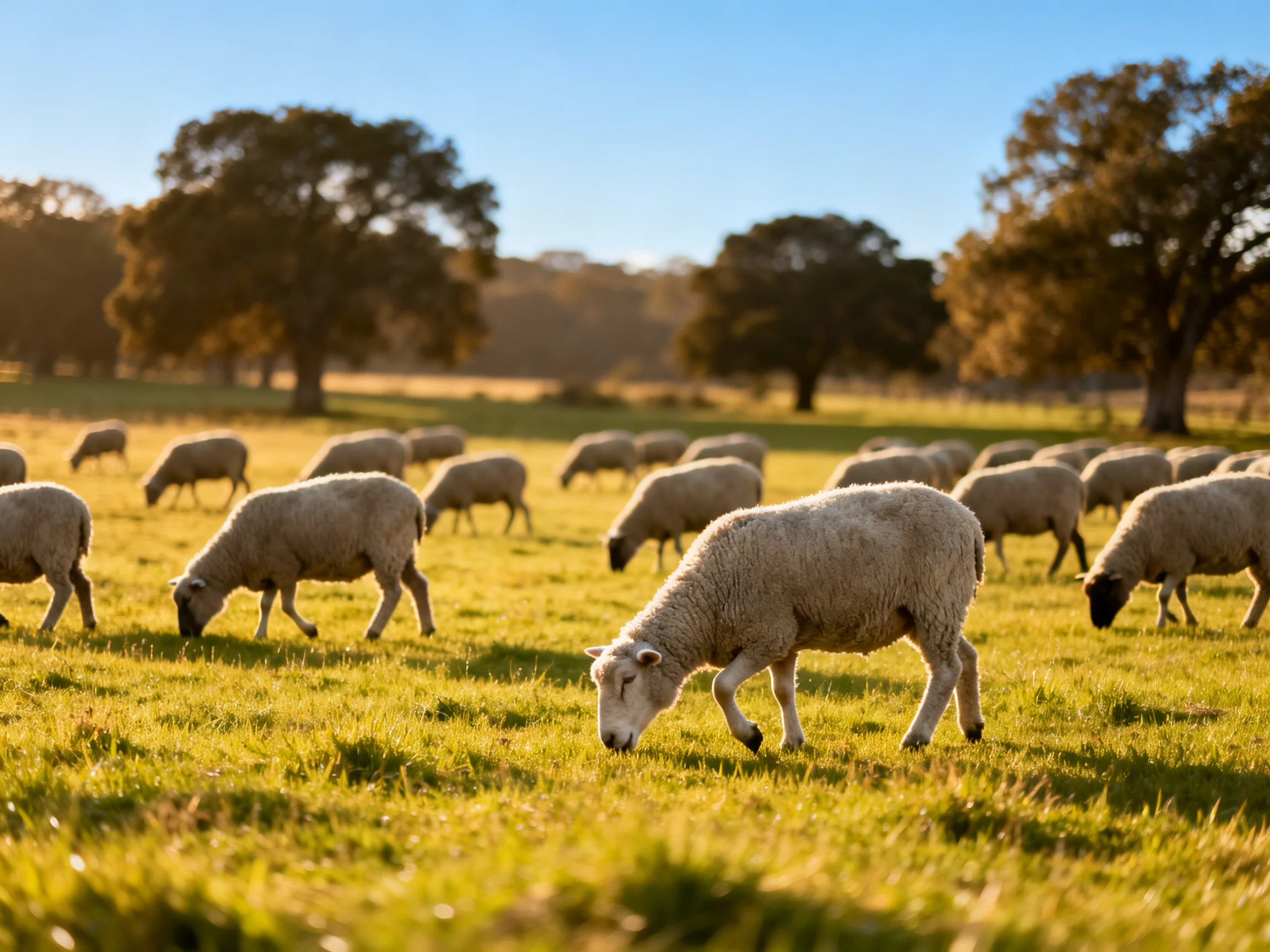 A group of sheep graze in a sunlit green pasture near large trees