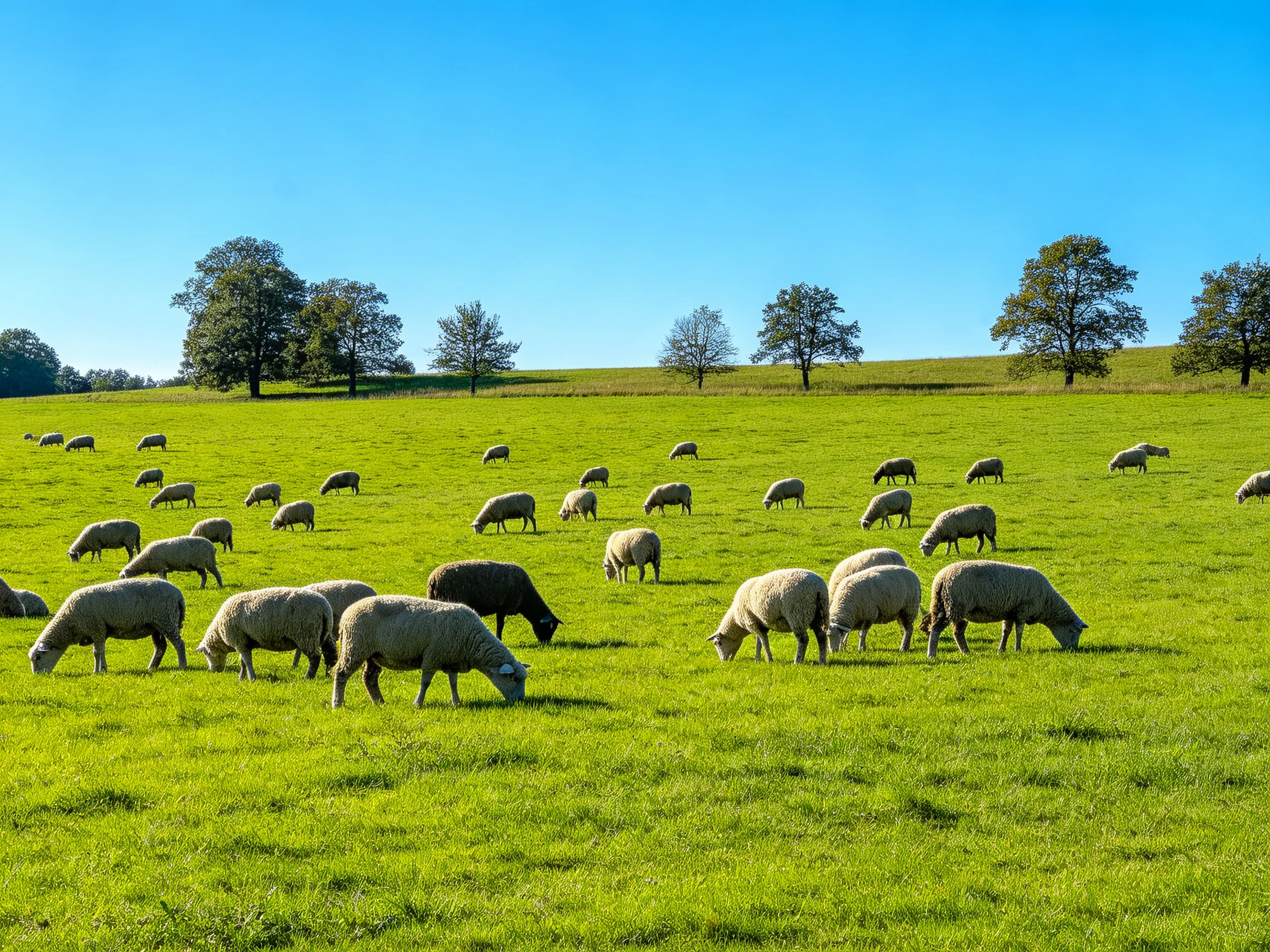 A group of sheep grazing in a bright green meadow with scattered trees