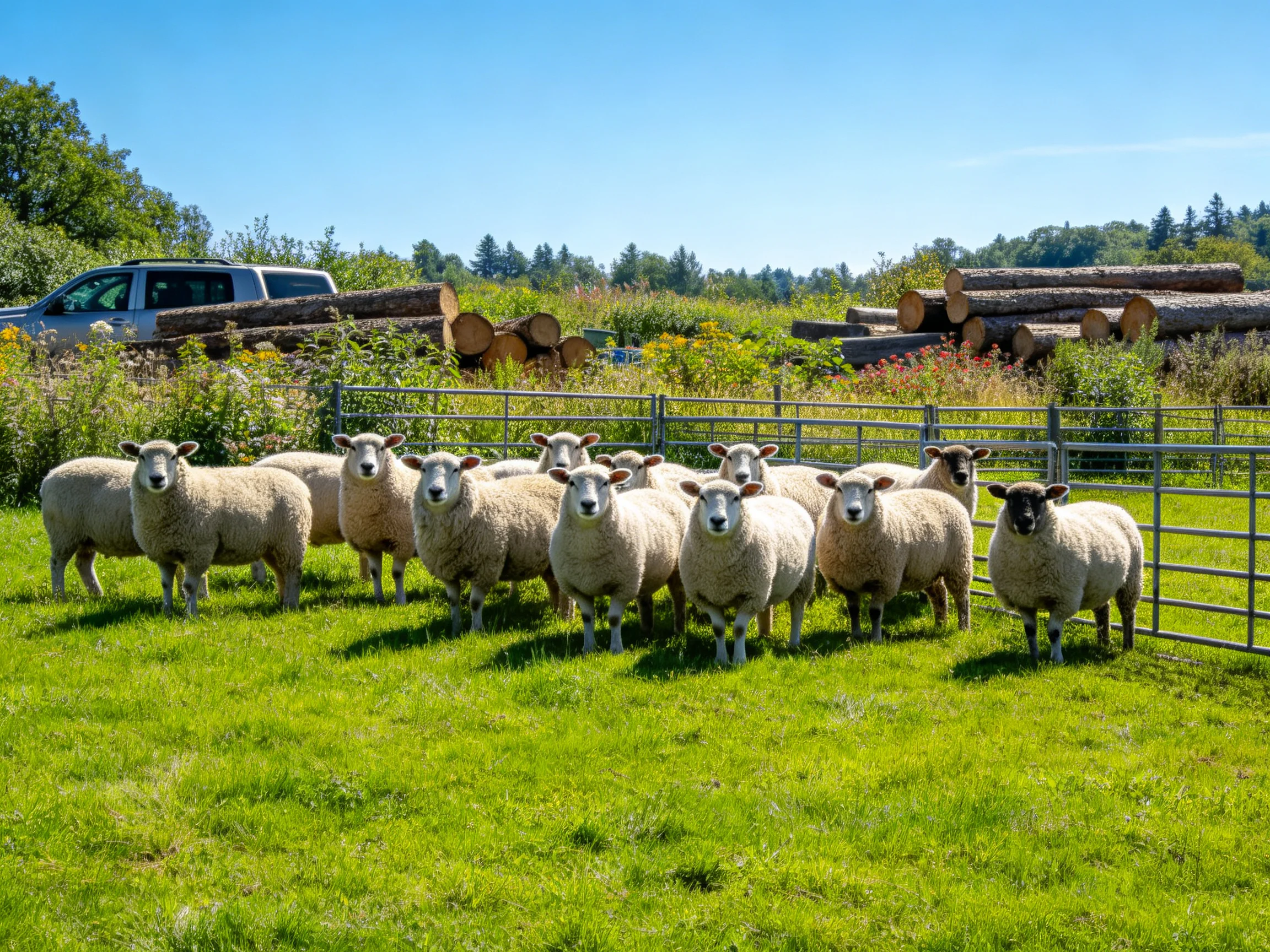A group of sheep in a fenced green pasture near stacked logs