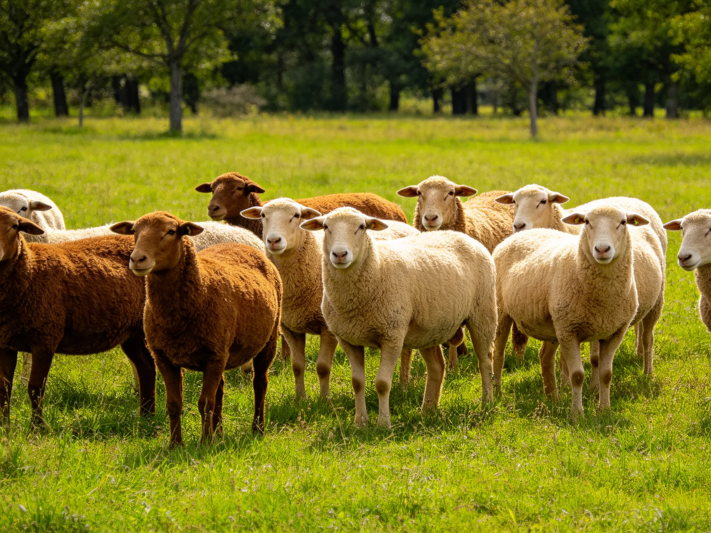 A group of sheep in a lush green meadow with brown and white coats