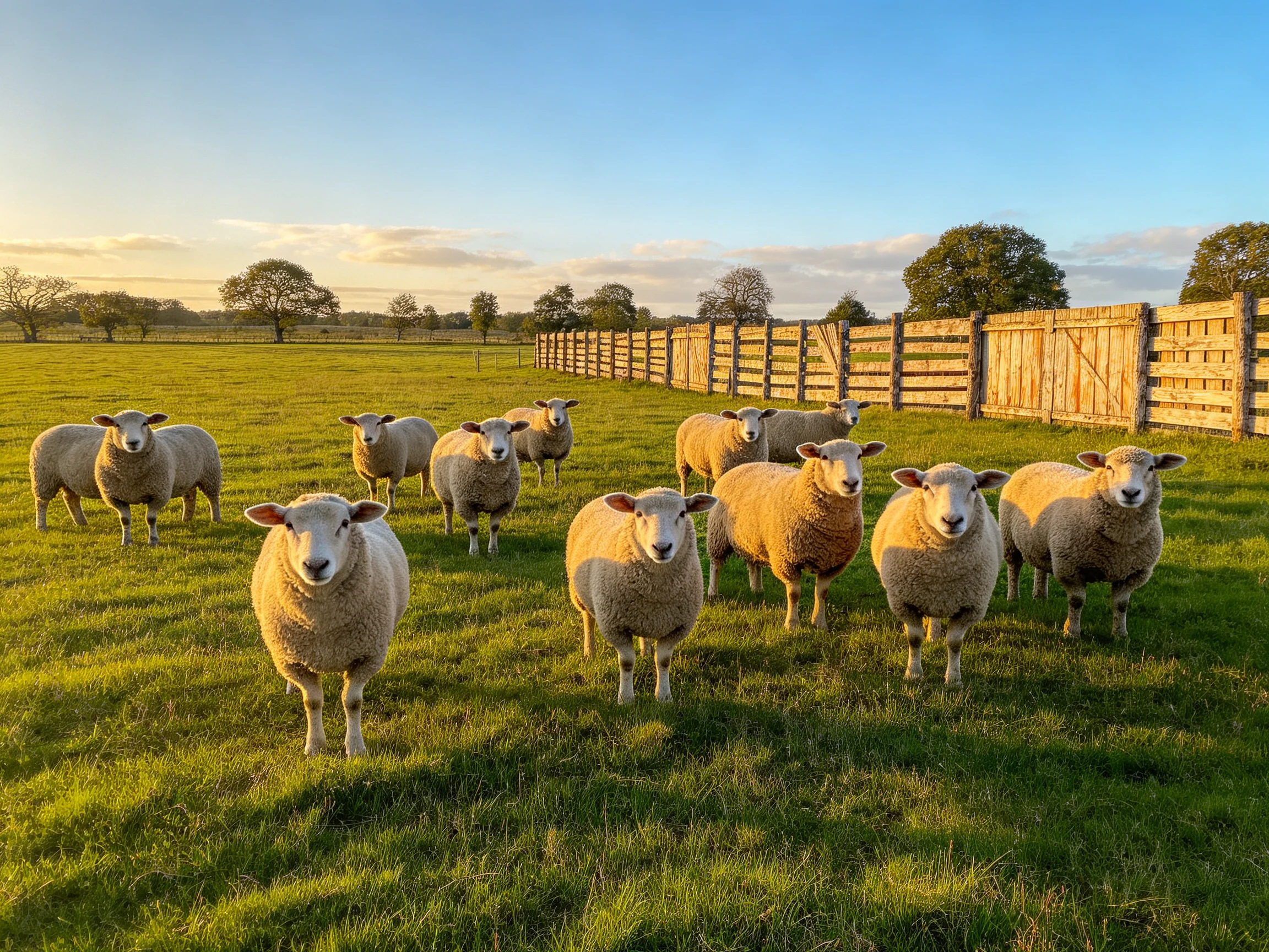 A group of sheep in a sun-drenched green pasture beside a wooden fence