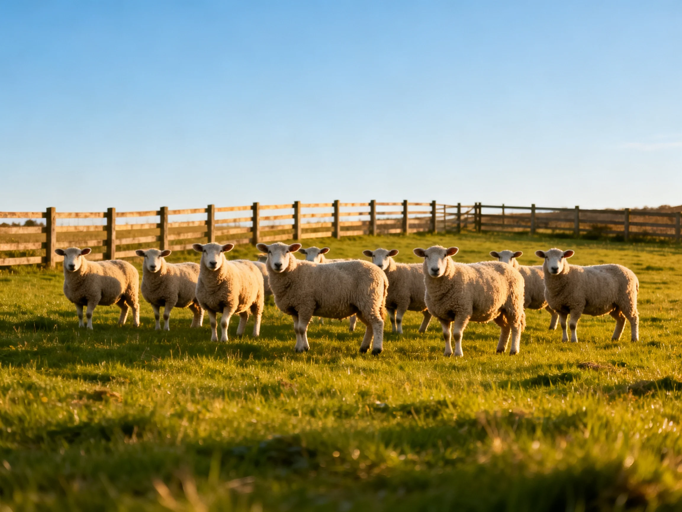 A group of sheep in a sunlit green pasture near a wooden fence
