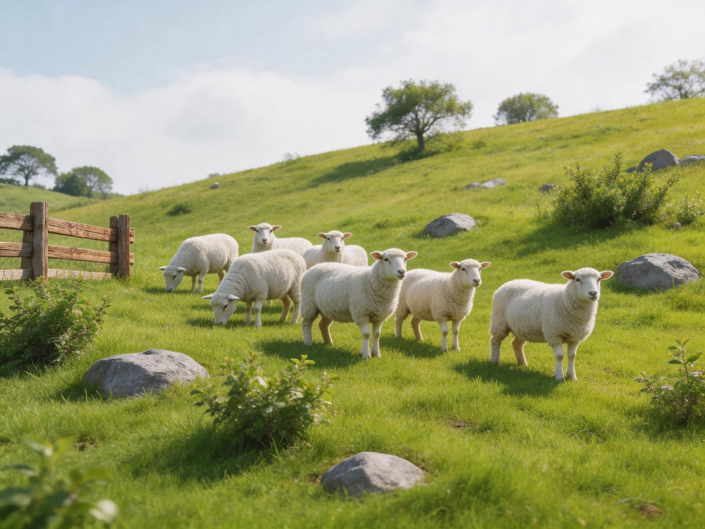 A group of sheep in a sunny green hillside pasture with rocks